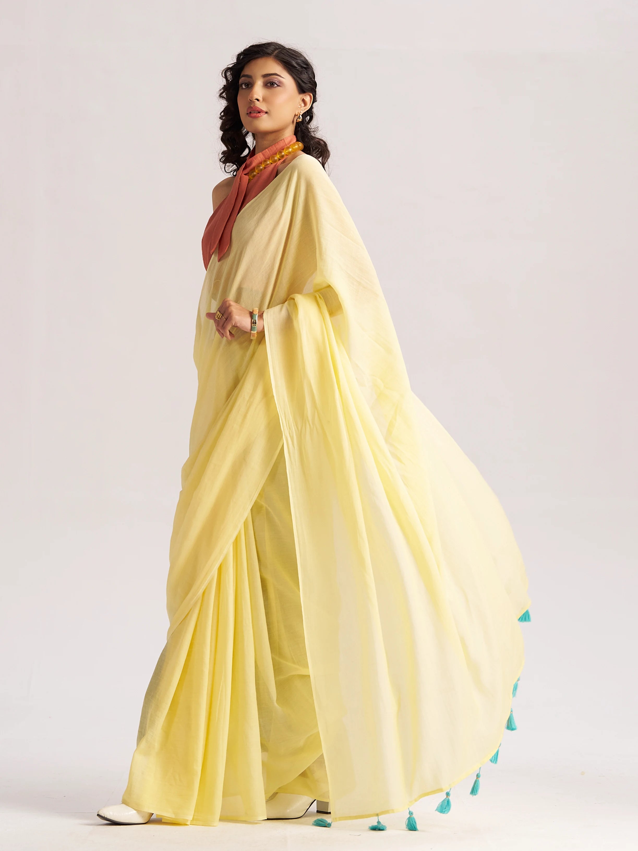 LEMON YELLOW VISCOSE MUL LIVA SOLID SAREE