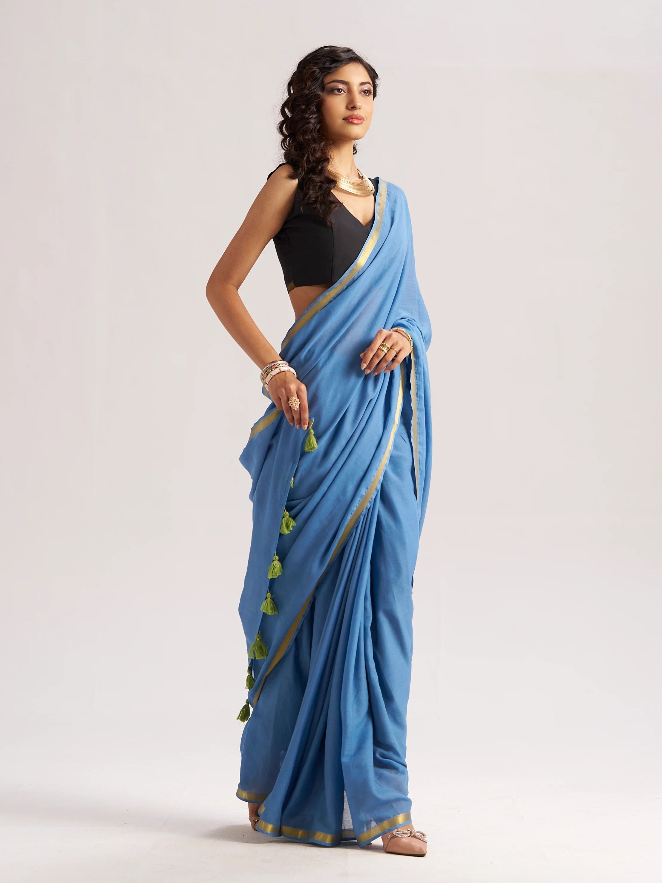 LIGHT BLUE VISCOSE MUL LIVA SOLID SAREE
