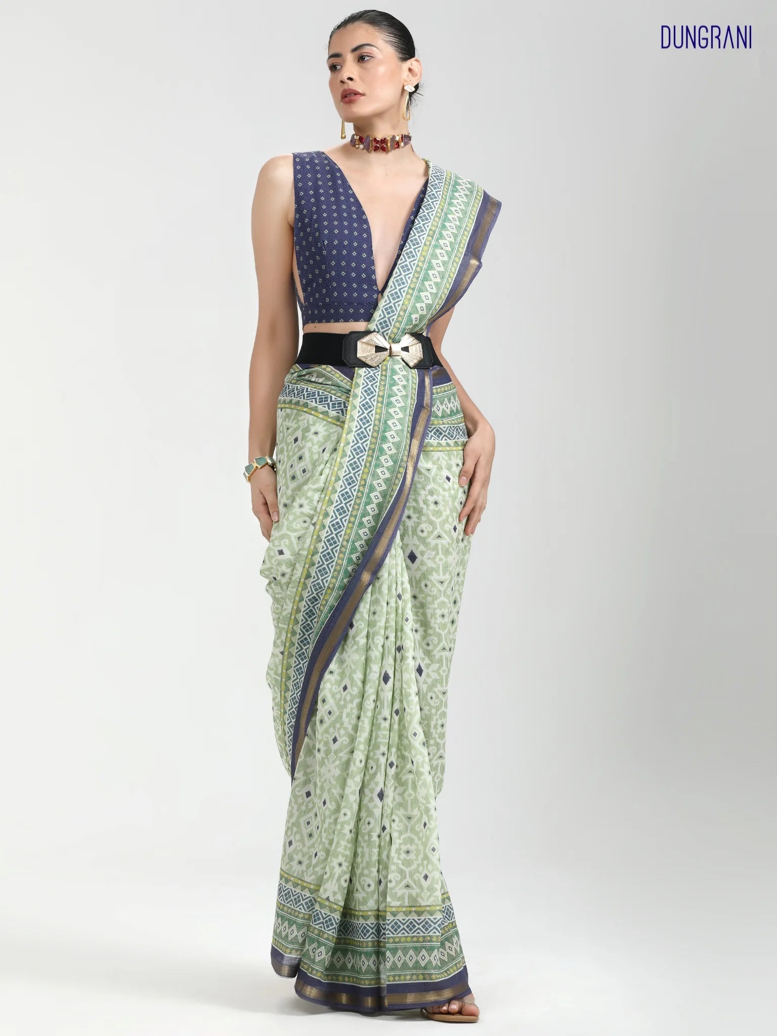 LIGHT GREEN & BLUE VISCOSE MUL LIVA DIGITAL PRINTED SAREE