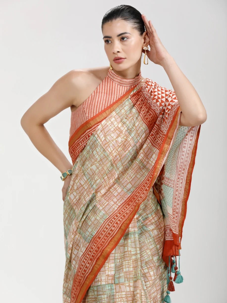 LIGHT ORANGE MULMUL COTTON LIVA BLOCK PRINTED SAREE