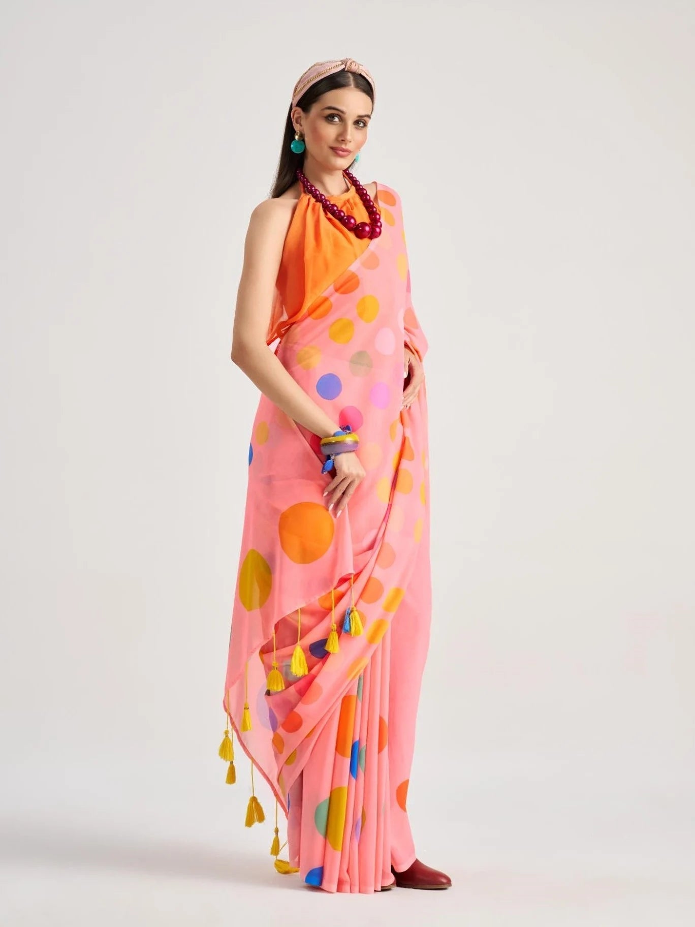 LIGHT PINK GEORGETTE POLKA POPS DIGITAL PRINTED SAREE