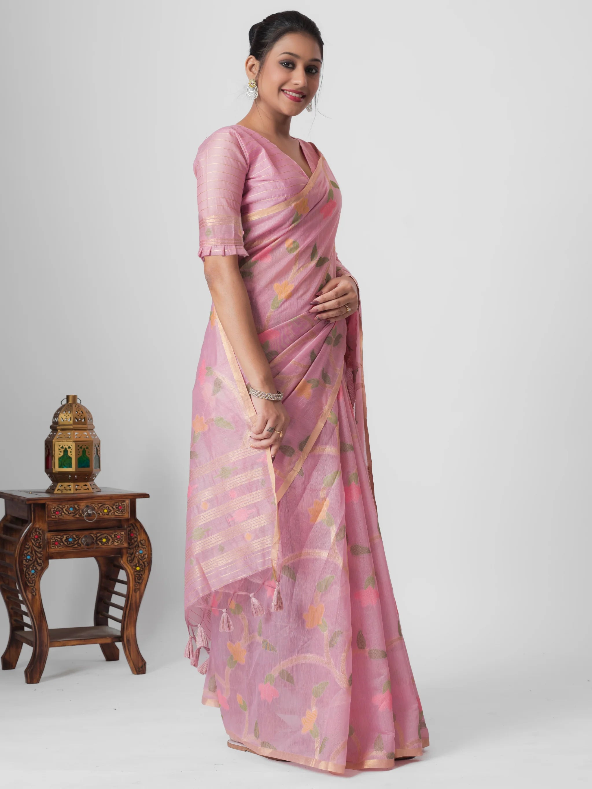 LIGHT PINK LEAF MOTIF COTTON SILK JAAL SAREE