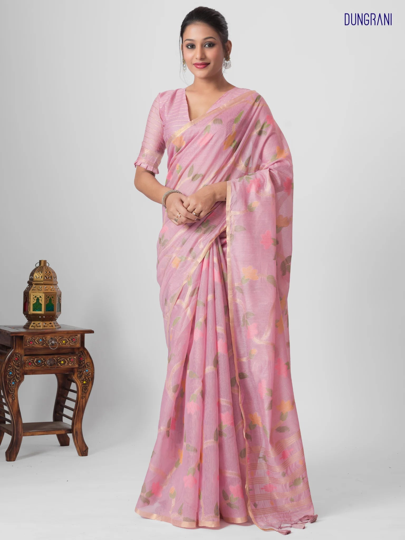 LIGHT PINK LEAF MOTIF COTTON SILK JAAL SAREE