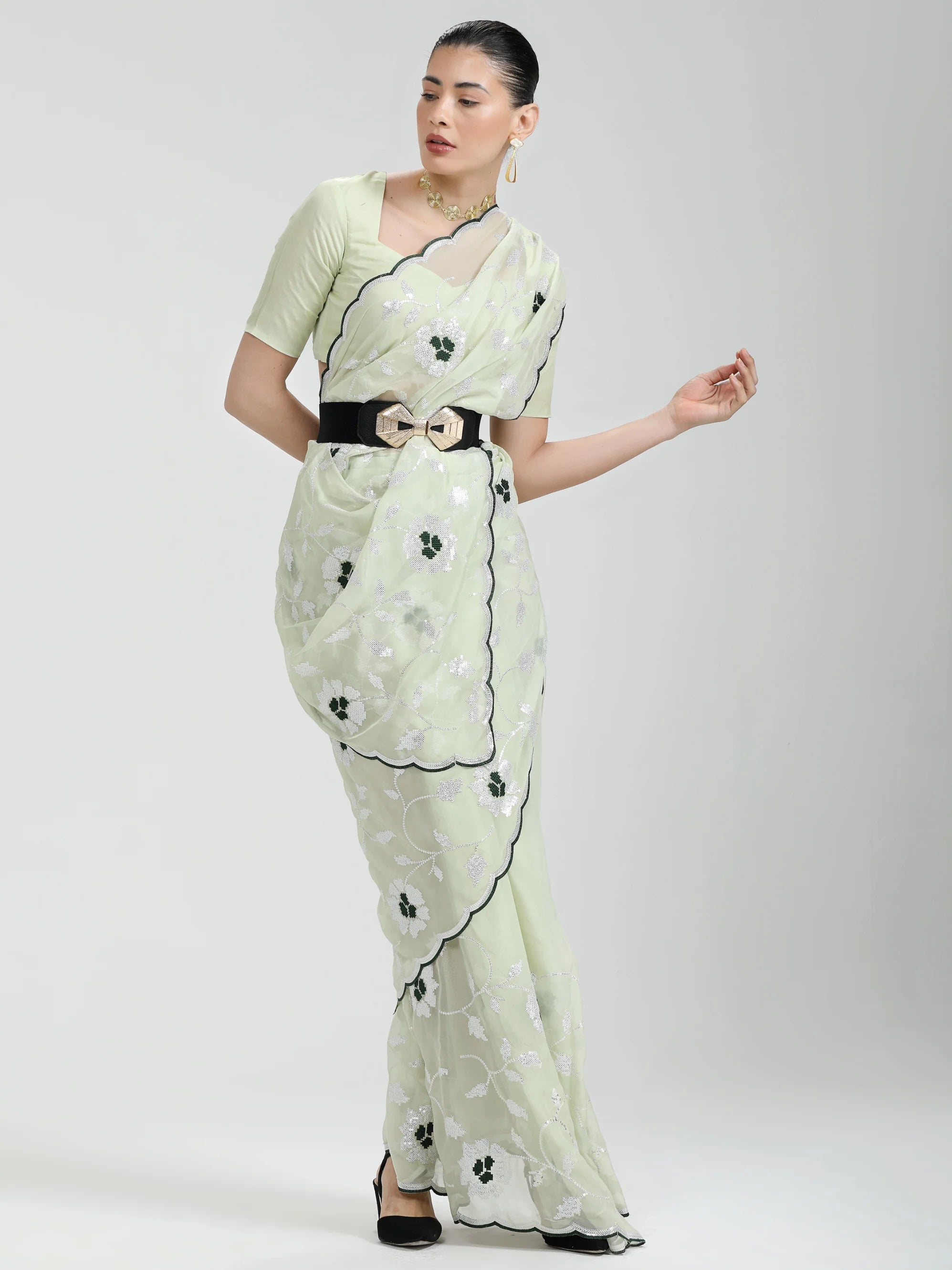 LIGHT PISTA ORGANZA SAREE WITH JAAL & FLOWER EMBROIDERY