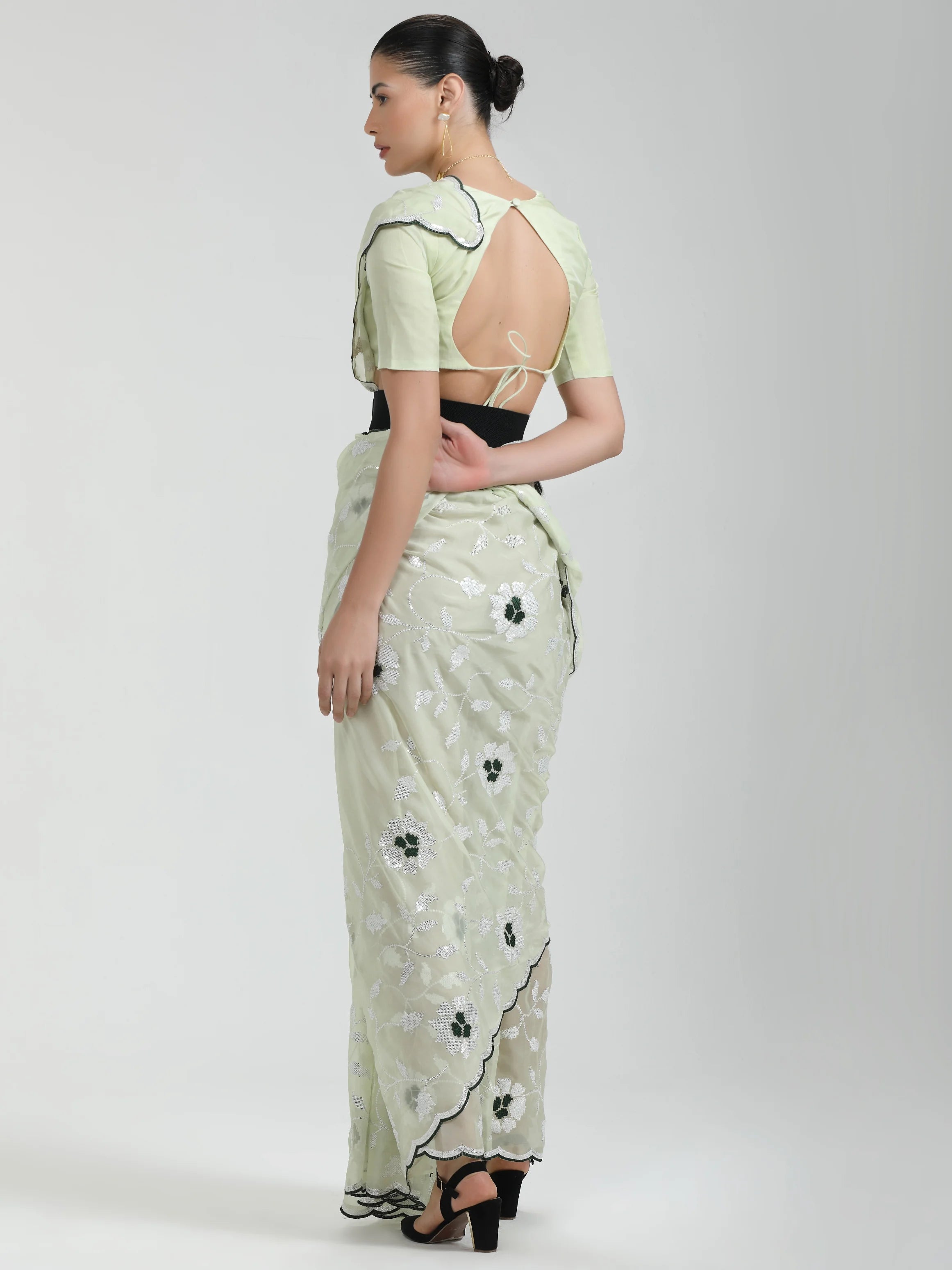 LIGHT PISTA ORGANZA SAREE WITH JAAL & FLOWER EMBROIDERY