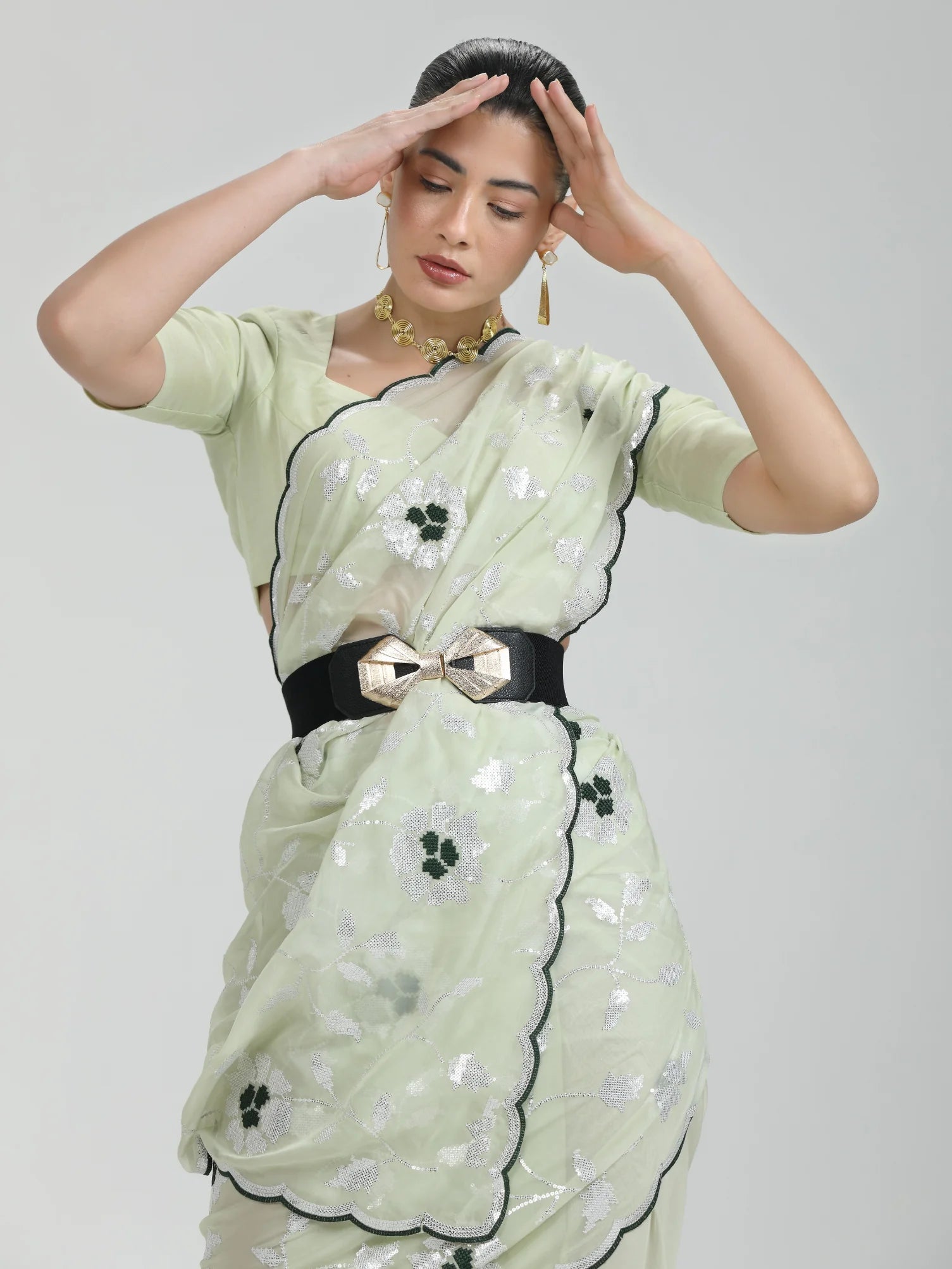 LIGHT PISTA ORGANZA SAREE WITH JAAL & FLOWER EMBROIDERY