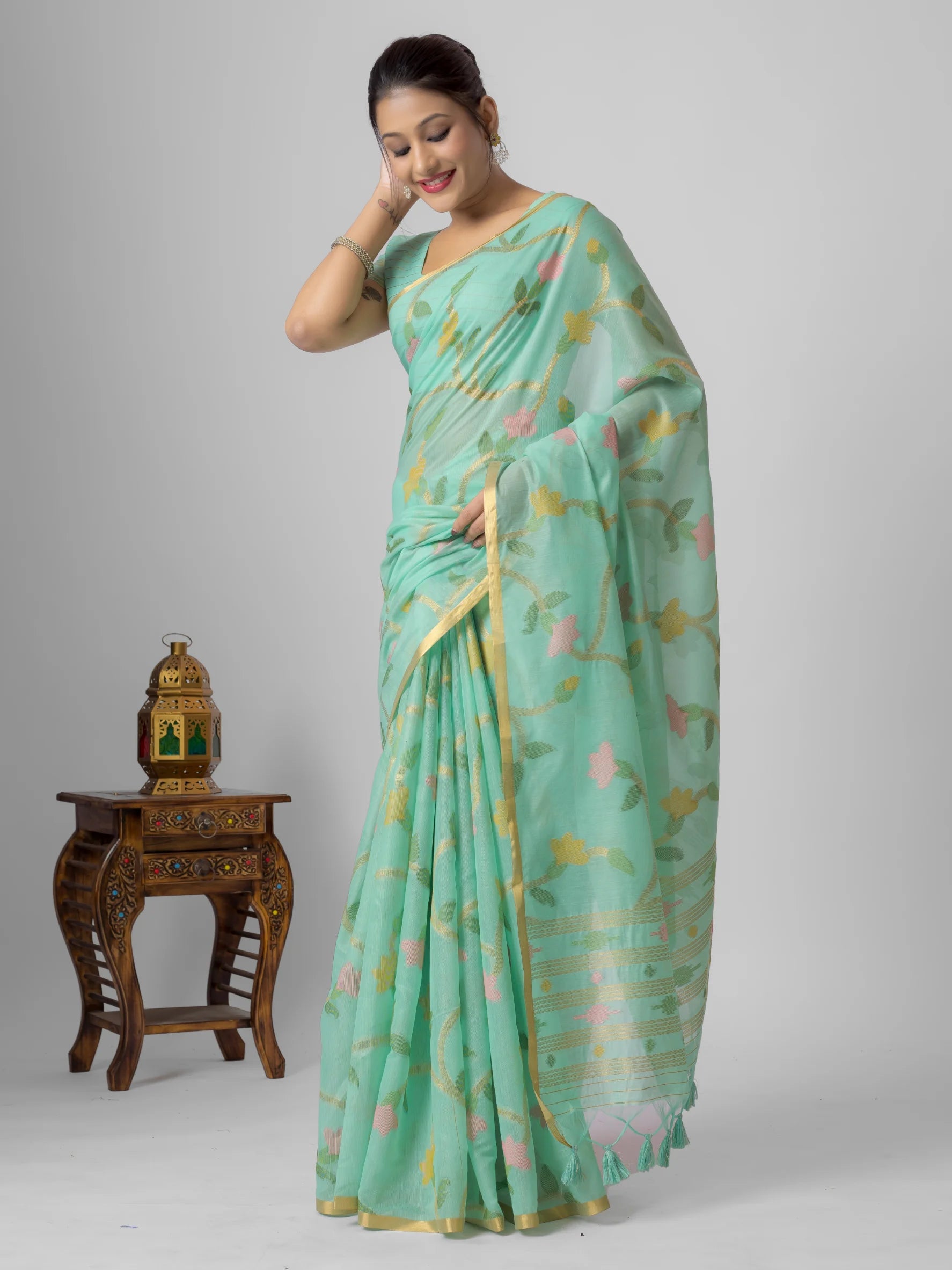 LIGHT RAMA GREEN MOTIF PRINT COTTON SILK JAAL SAREE