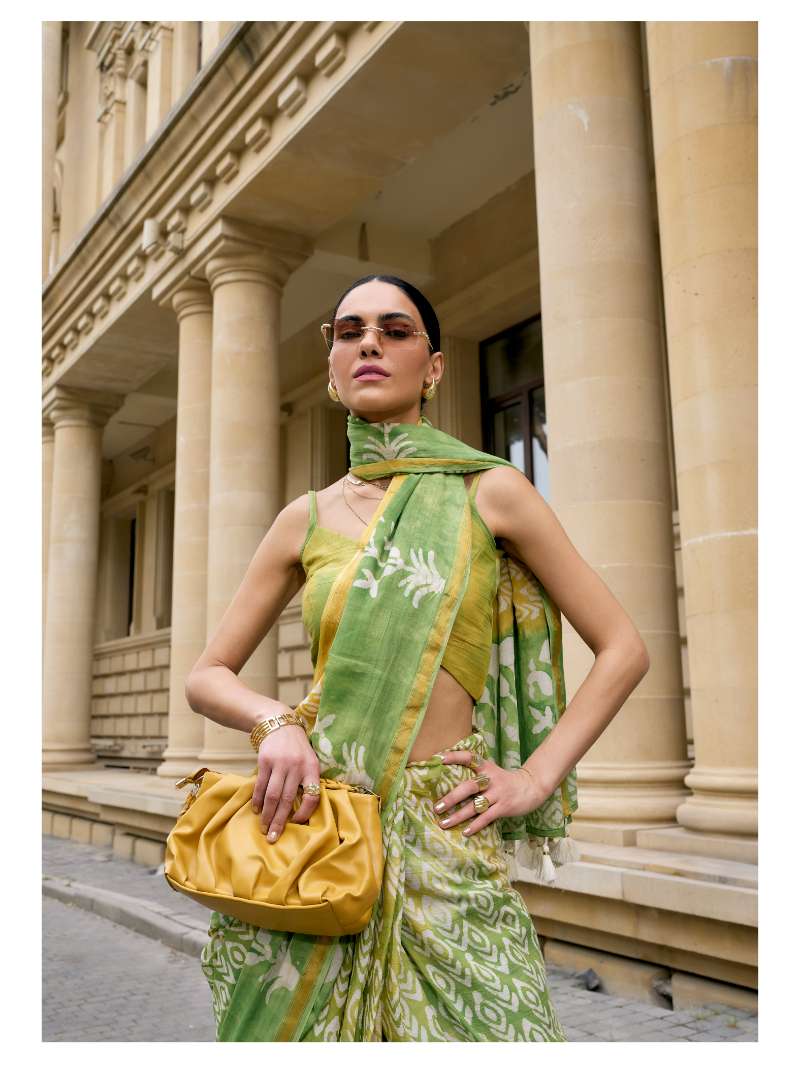LIME GREEN VISCOSE MUL BATIK PRINTED SAREE