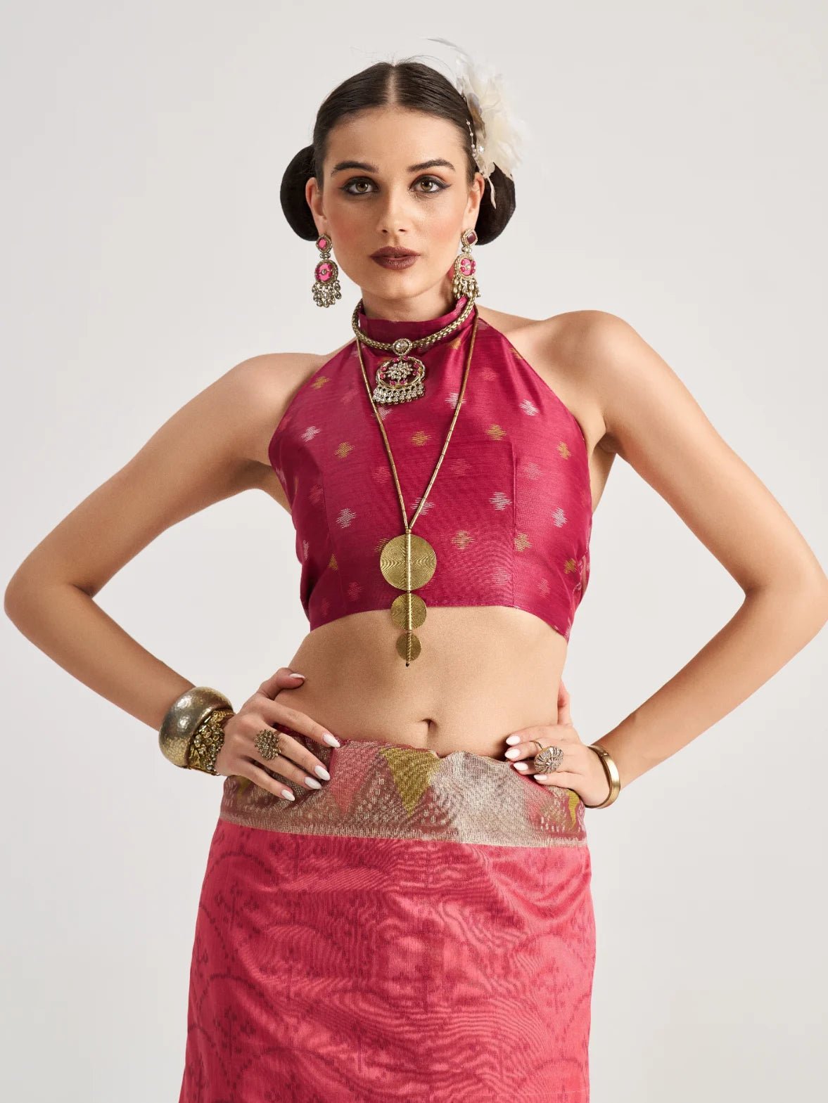 MAGENTA PINK TRIANGLE ART SILK SAREE