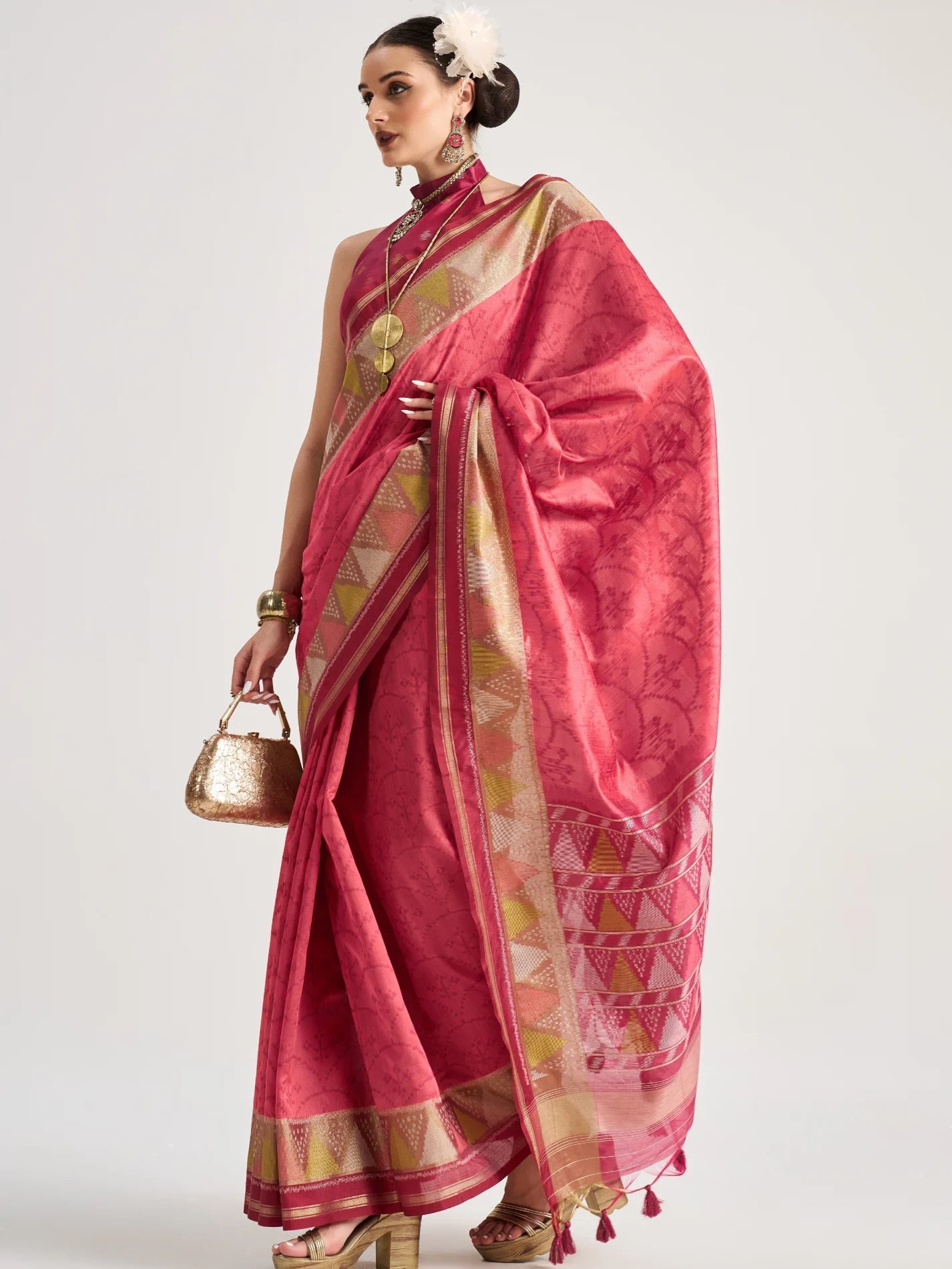 MAGENTA PINK TRIANGLE ART SILK SAREE