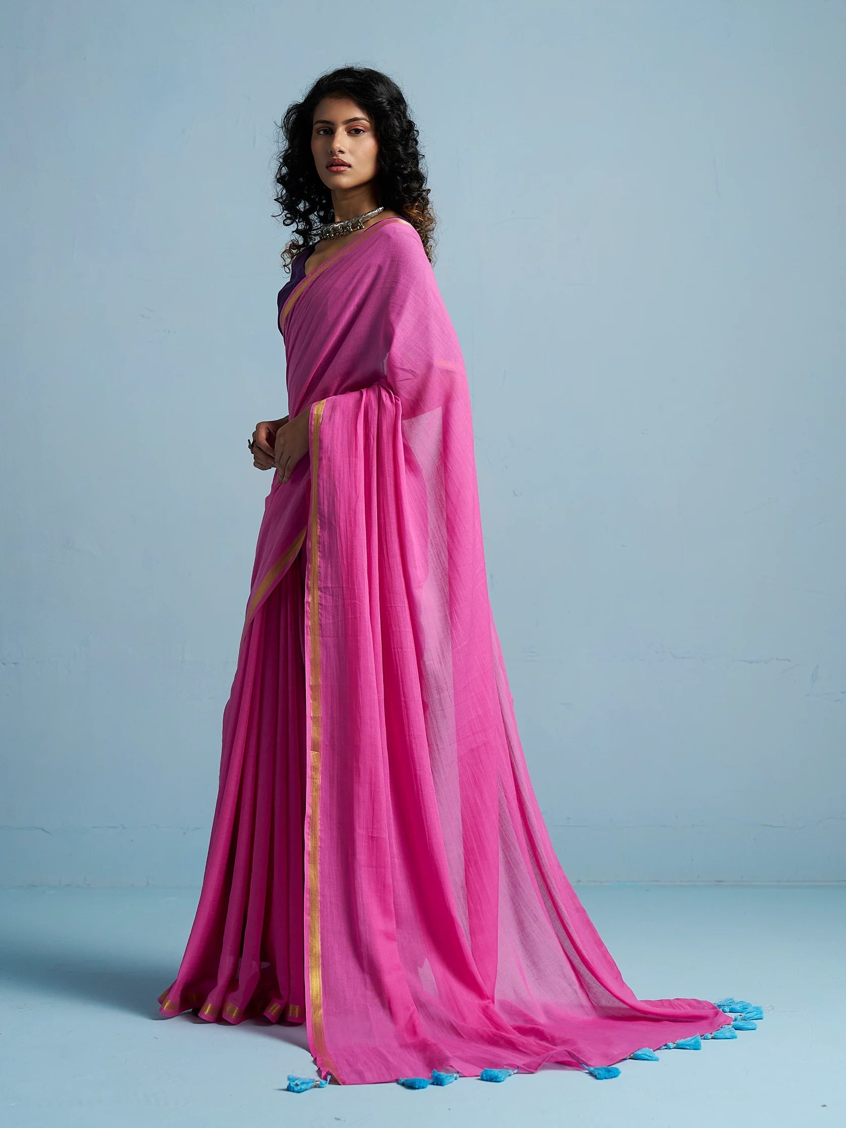 MAGENTA PINK MULMUL COTTON LIVA SOLID SAREE