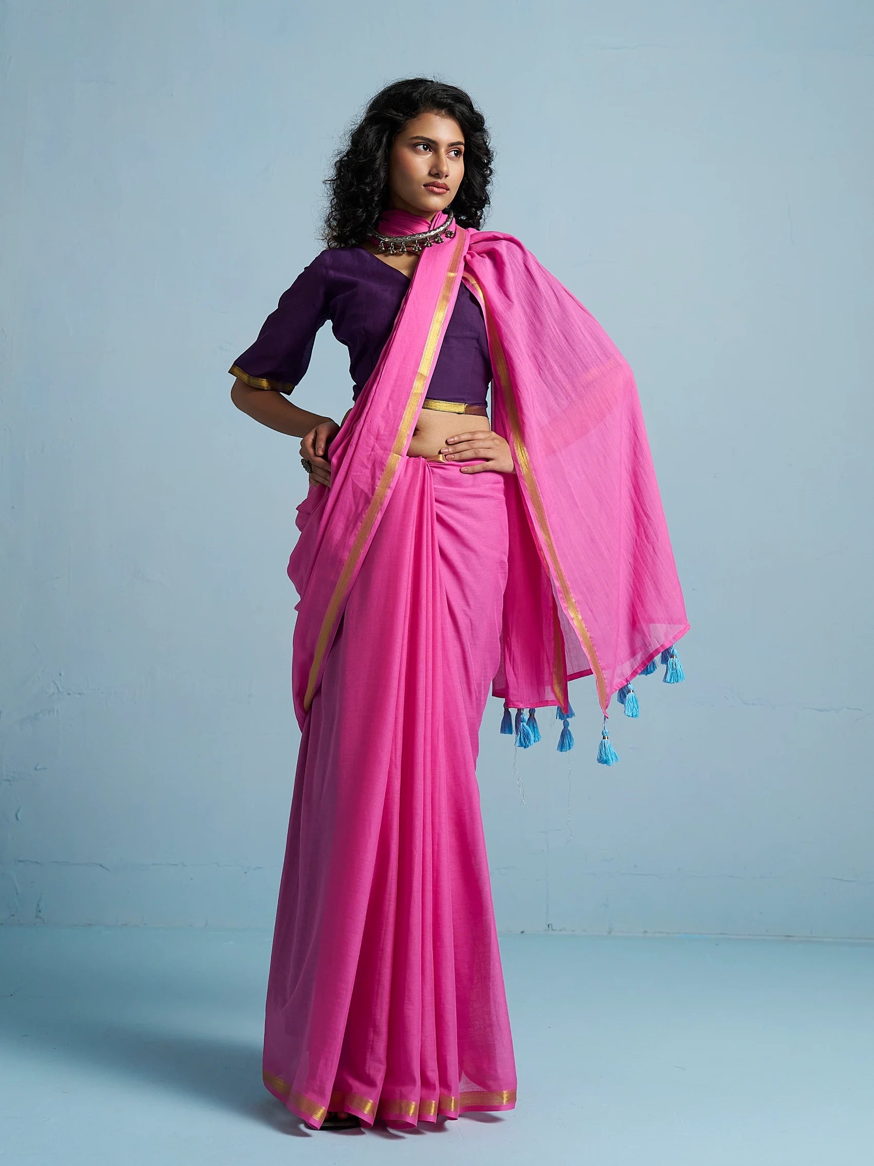 MAGENTA PINK VISCOSE MUL LIVA SOLID SAREE