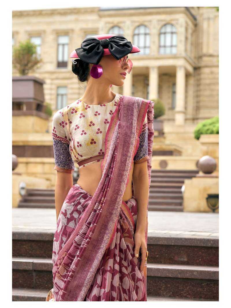 MAUVE RED VISCOSE MUL LIVA BLOCK PRINTED SAREE