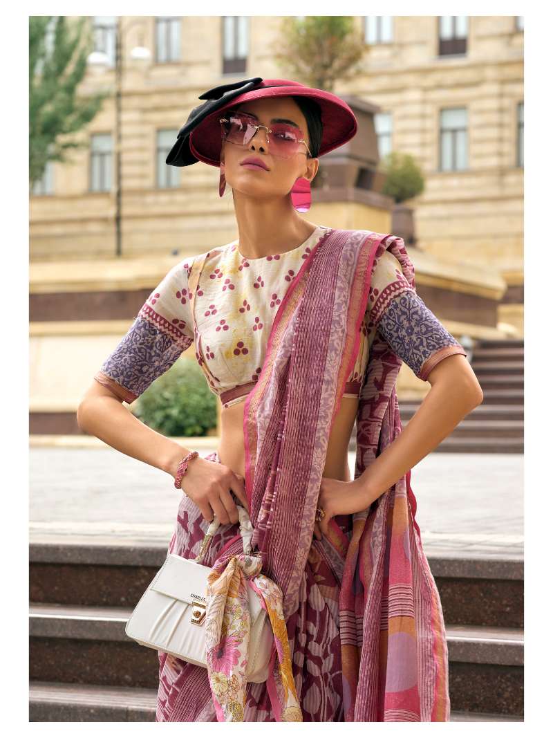 MAUVE RED VISCOSE MUL LIVA BLOCK PRINTED SAREE