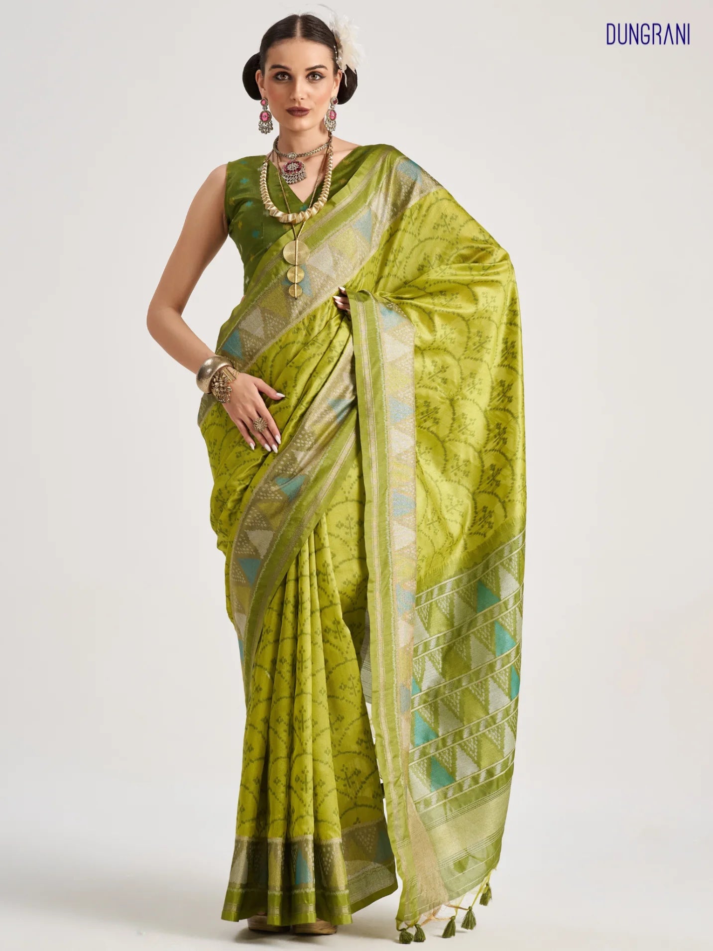 MEHNDI GREEN TRIANGLE ART SILK SAREE