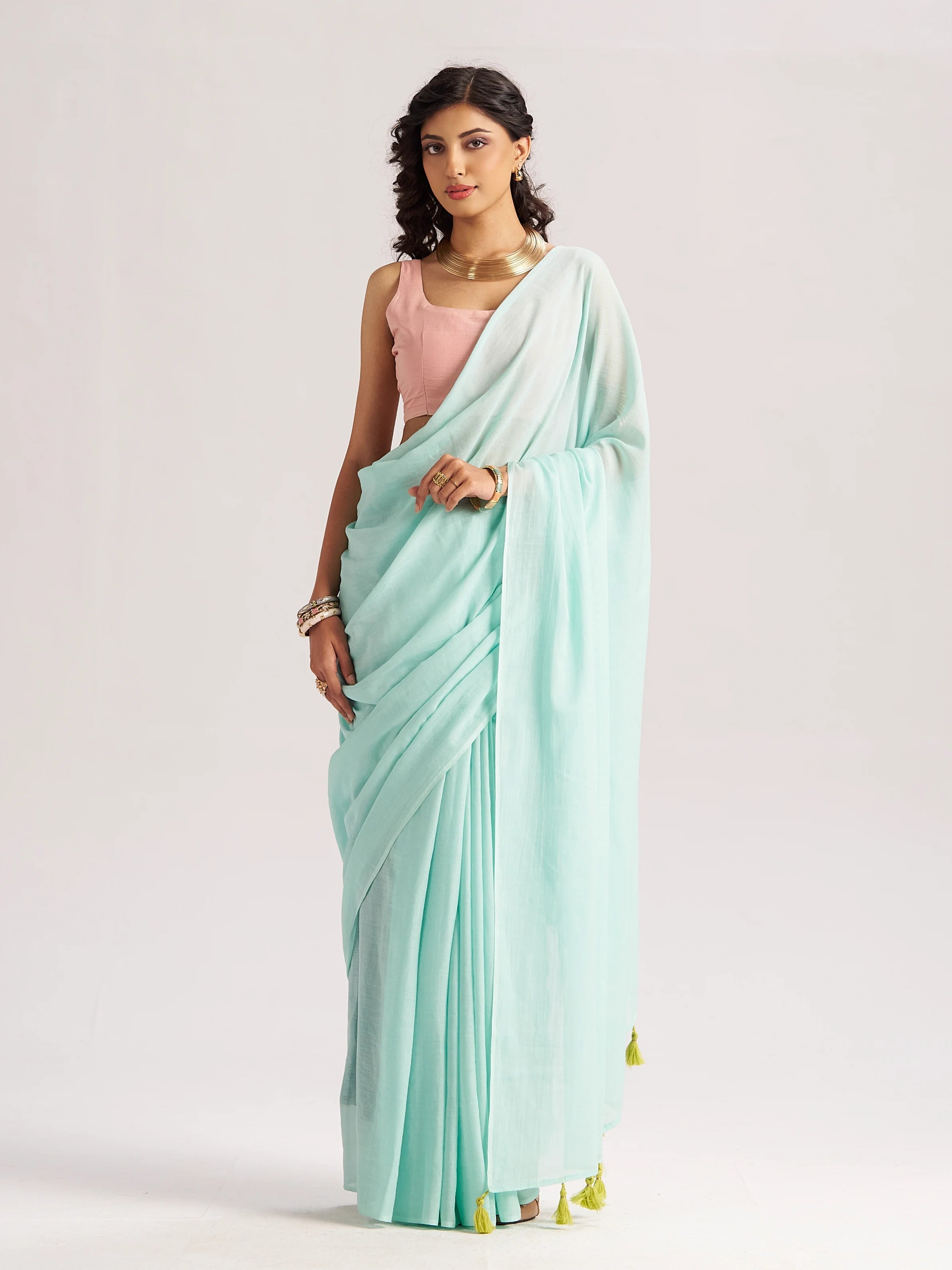 MINT GREEN VISCOSE MUL LIVA SOLID SAREE