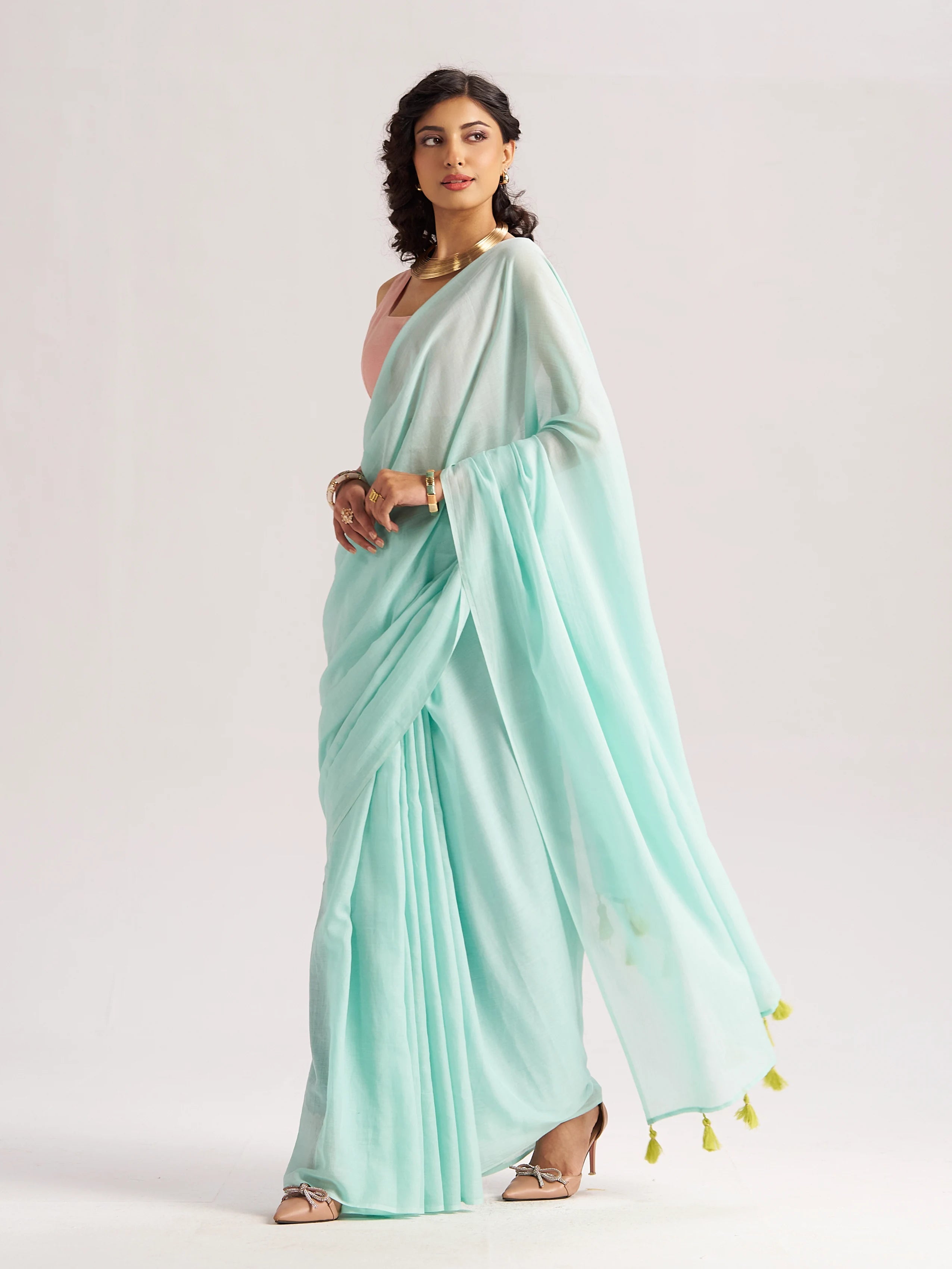 MINT GREEN VISCOSE MUL LIVA SOLID SAREE