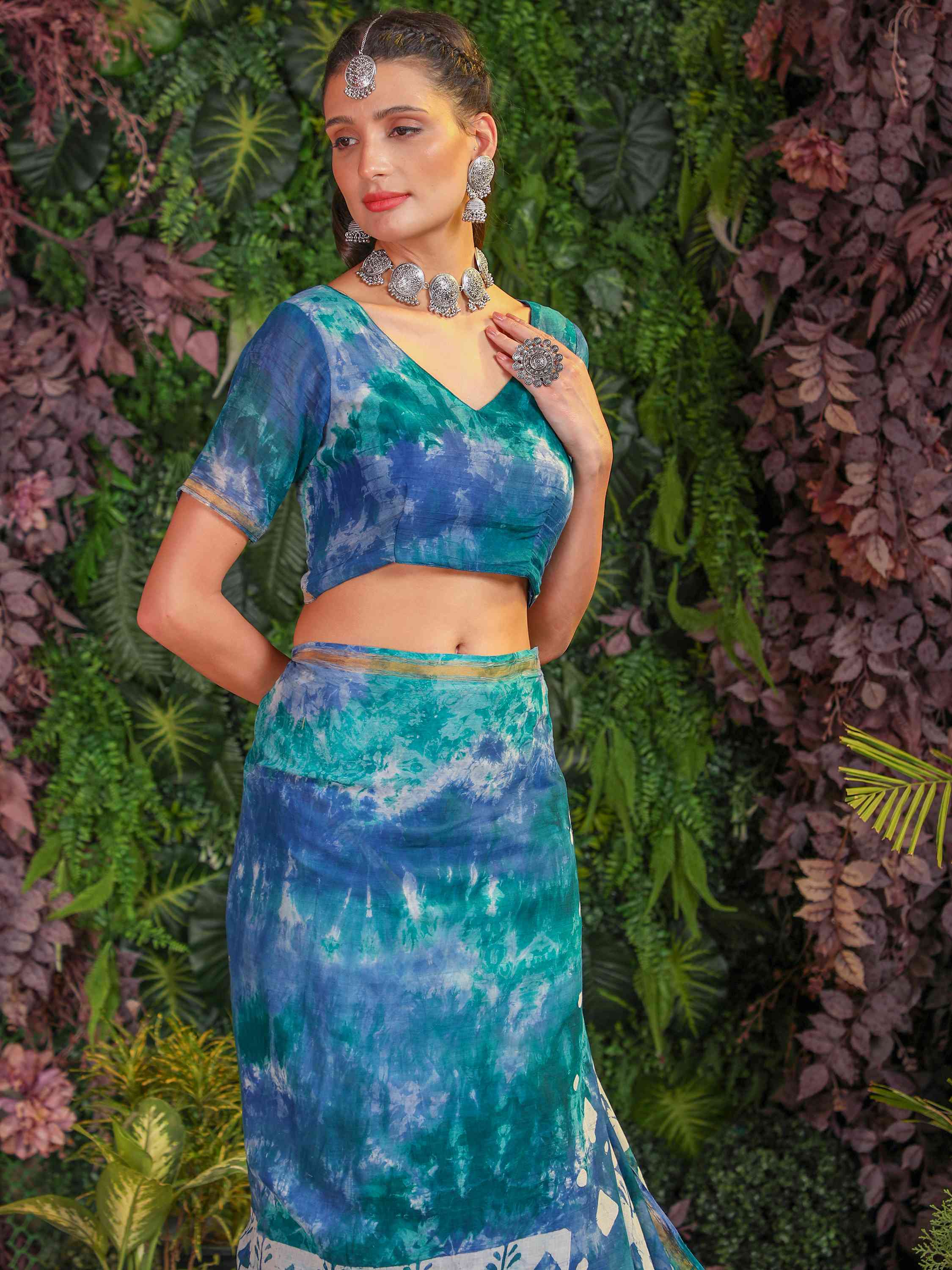 MIX BLUE MULMUL COTTON BATIK PRINTED SAREE