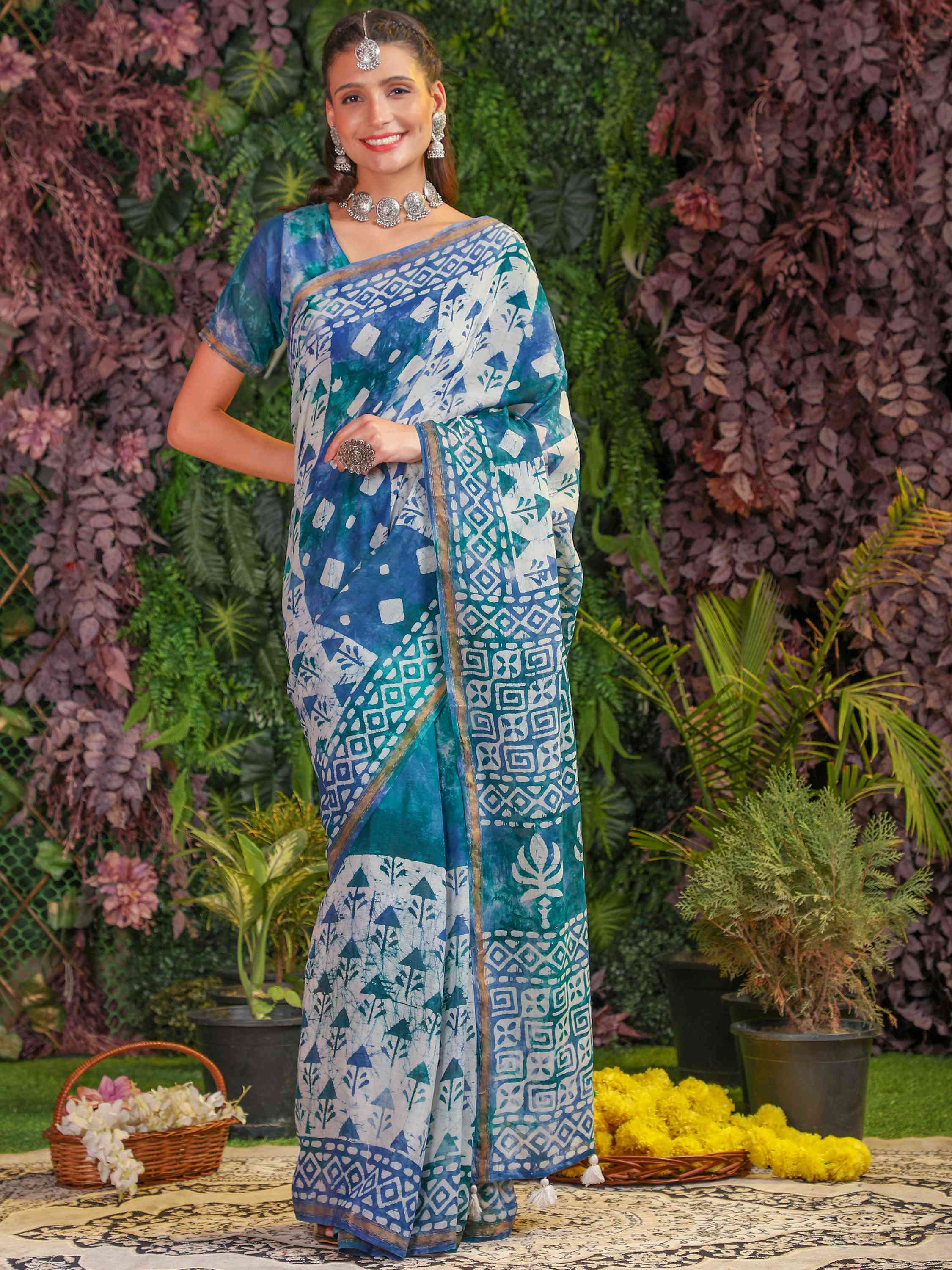 MIX BLUE VISCOSE MUL BATIK PRINTED SAREE