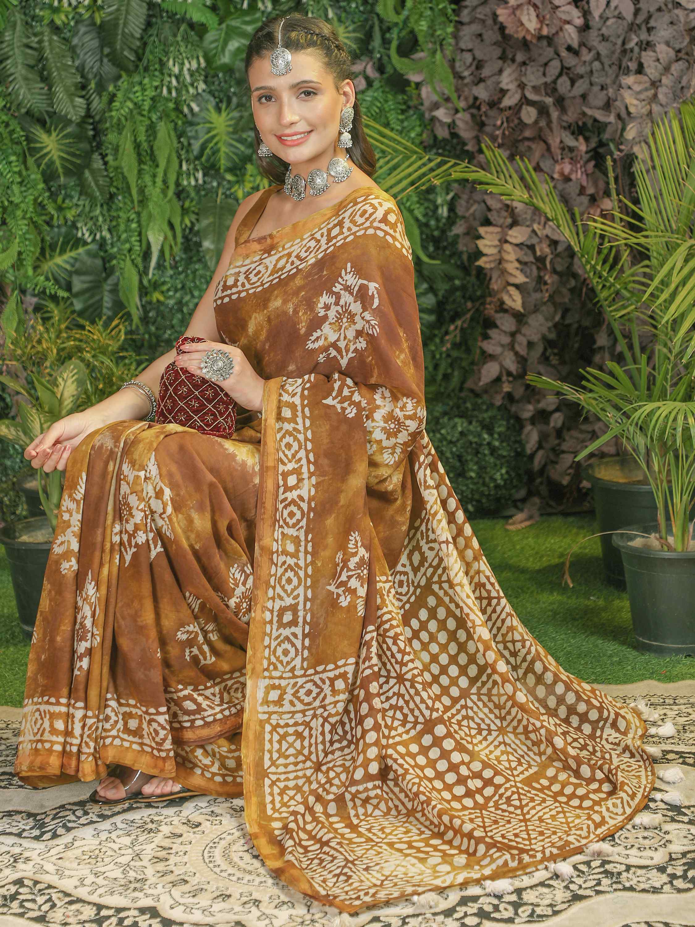 MUSTARD BROWN VISCOSE MUL BATIK PRINTED SAREE