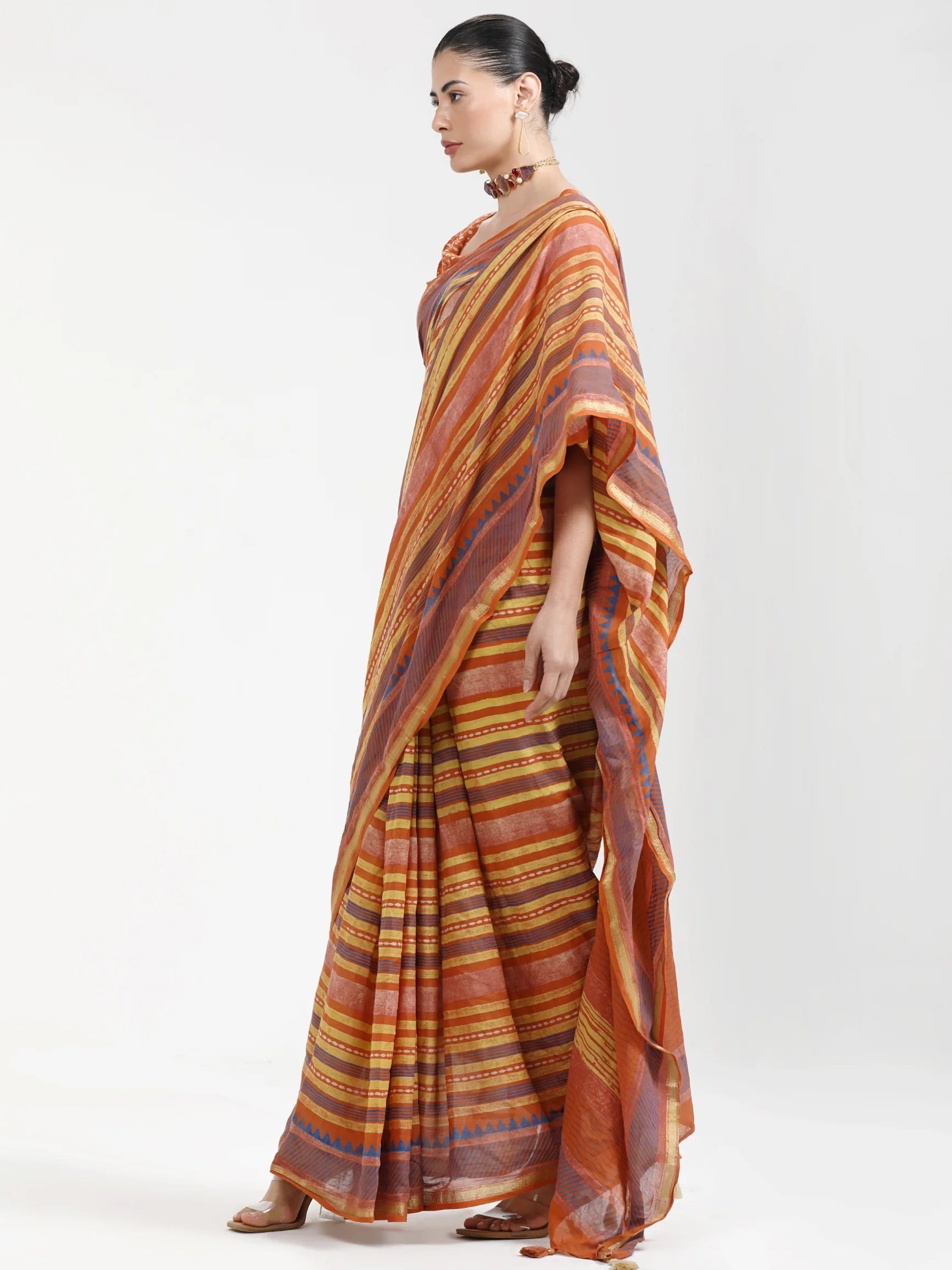 MUSTARD ORANGE MULMUL COTTON BLOCK PRINTED SAREE