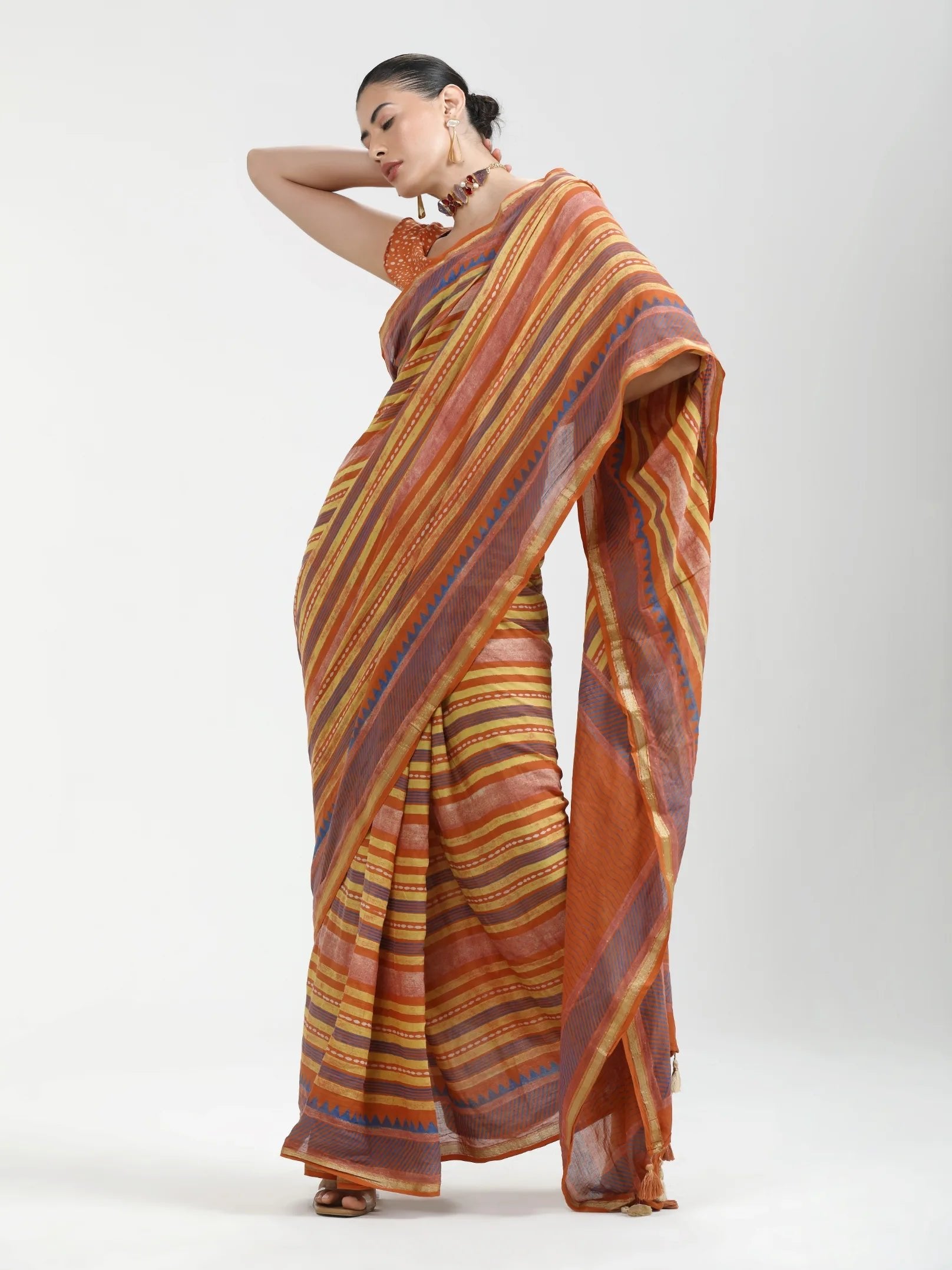 MUSTARD ORANGE MULMUL COTTON BLOCK PRINTED SAREE
