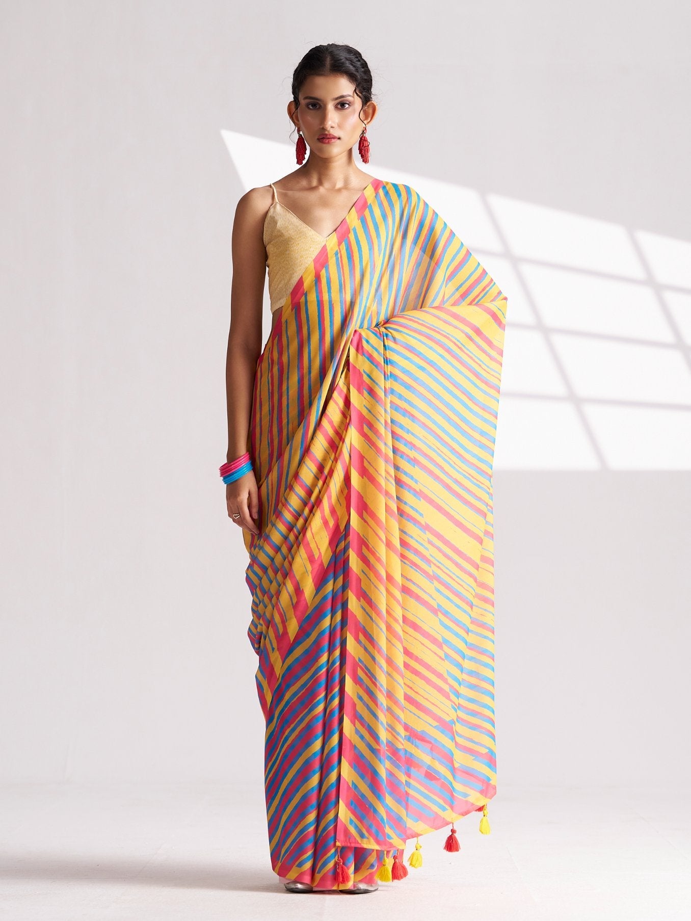 MUSTARD & PINK GEORGETTE SPARKLE LAHERIYA DIGITAL PRINTED SAREE