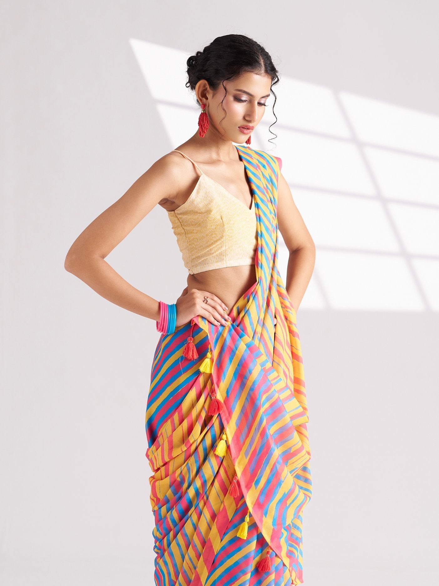 MUSTARD & PINK GEORGETTE SPARKLE LAHERIYA DIGITAL PRINTED SAREE