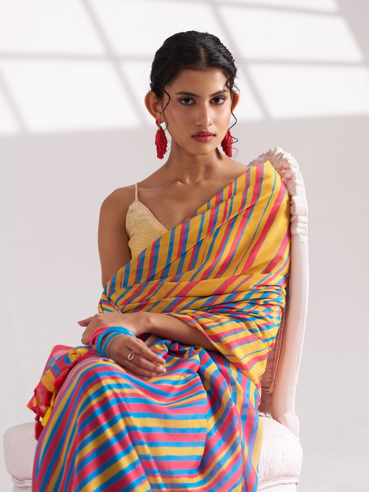 MUSTARD & PINK GEORGETTE SPARKLE LAHERIYA DIGITAL PRINTED SAREE
