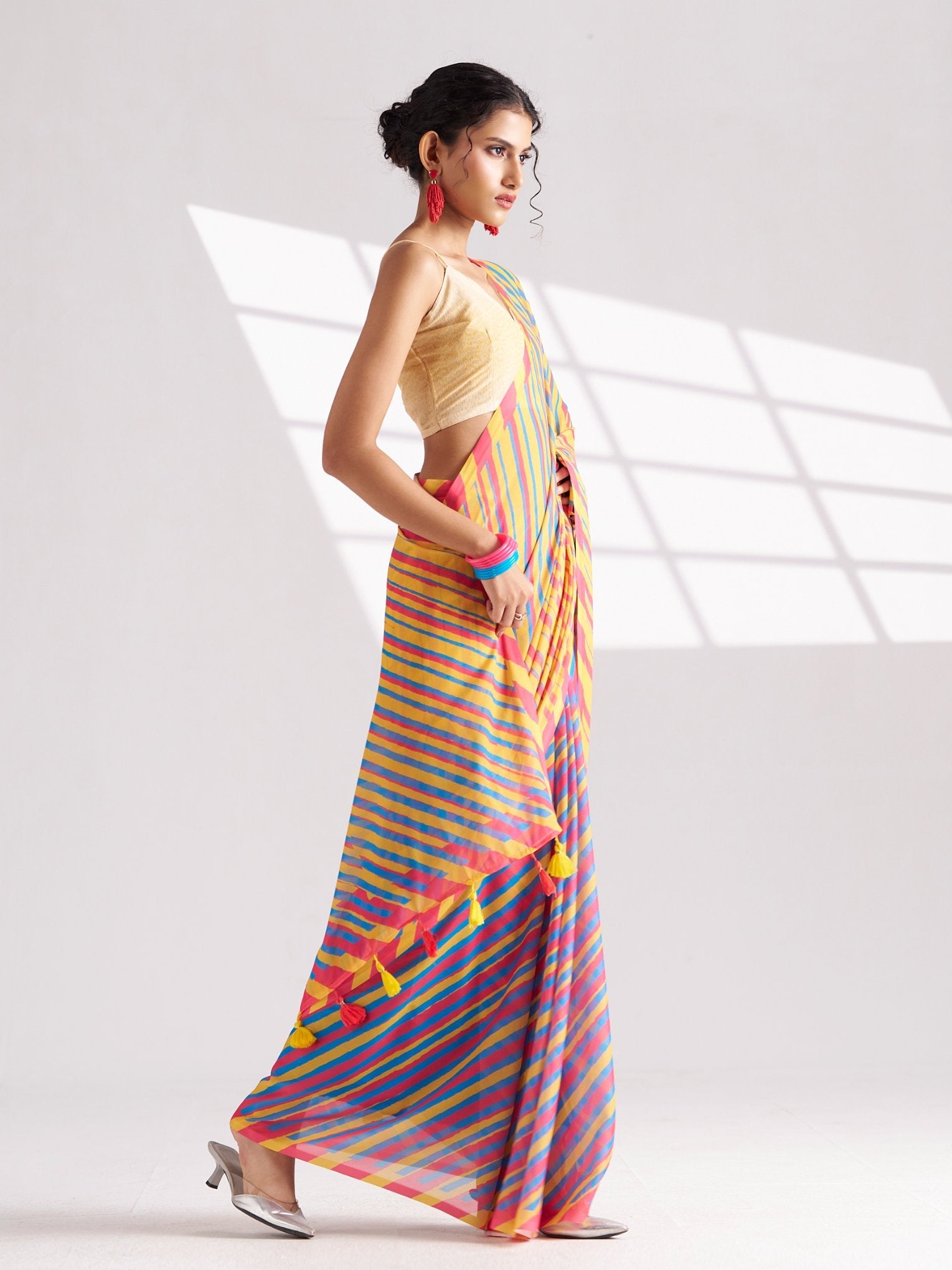 MUSTARD & PINK GEORGETTE SPARKLE LAHERIYA DIGITAL PRINTED SAREE