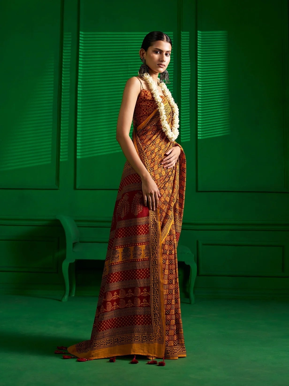 MUSTARD VISCOSE MUL SUNKISSED MARIGOLD BAGH PRINT SAREE