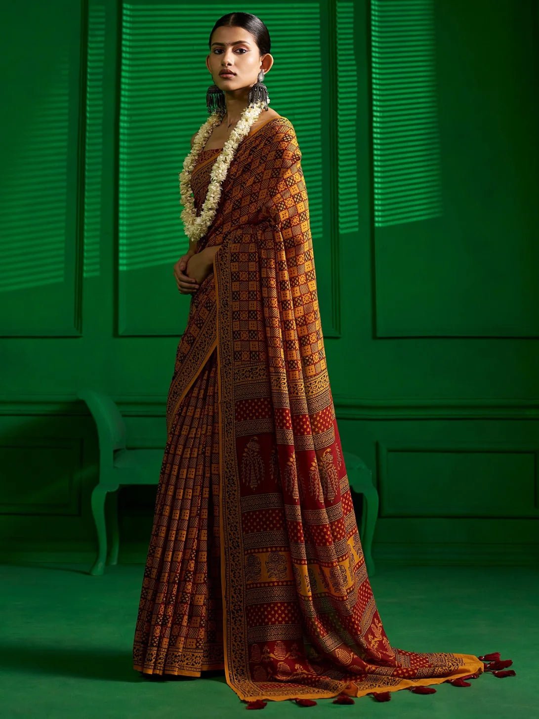 MUSTARD VISCOSE MUL SUNKISSED MARIGOLD BAGH PRINT SAREE