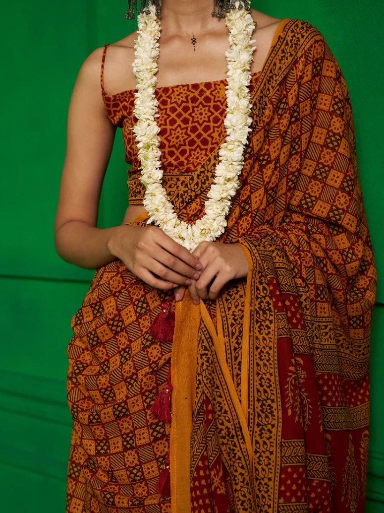 MUSTARD VISCOSE MUL SUNKISSED MARIGOLD BAGH PRINT SAREE