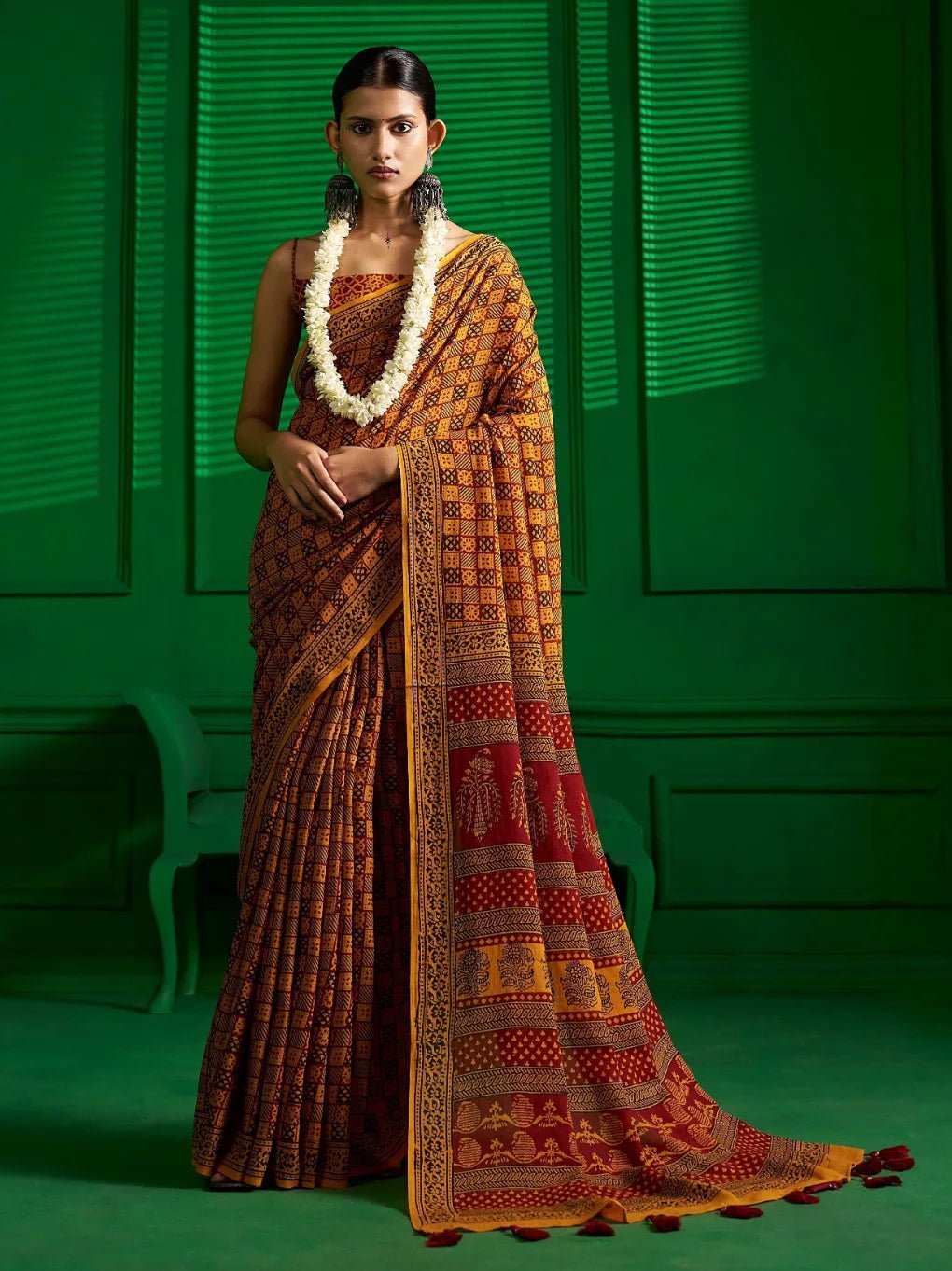 MUSTARD VISCOSE MUL SUNKISSED MARIGOLD BAGH PRINT SAREE