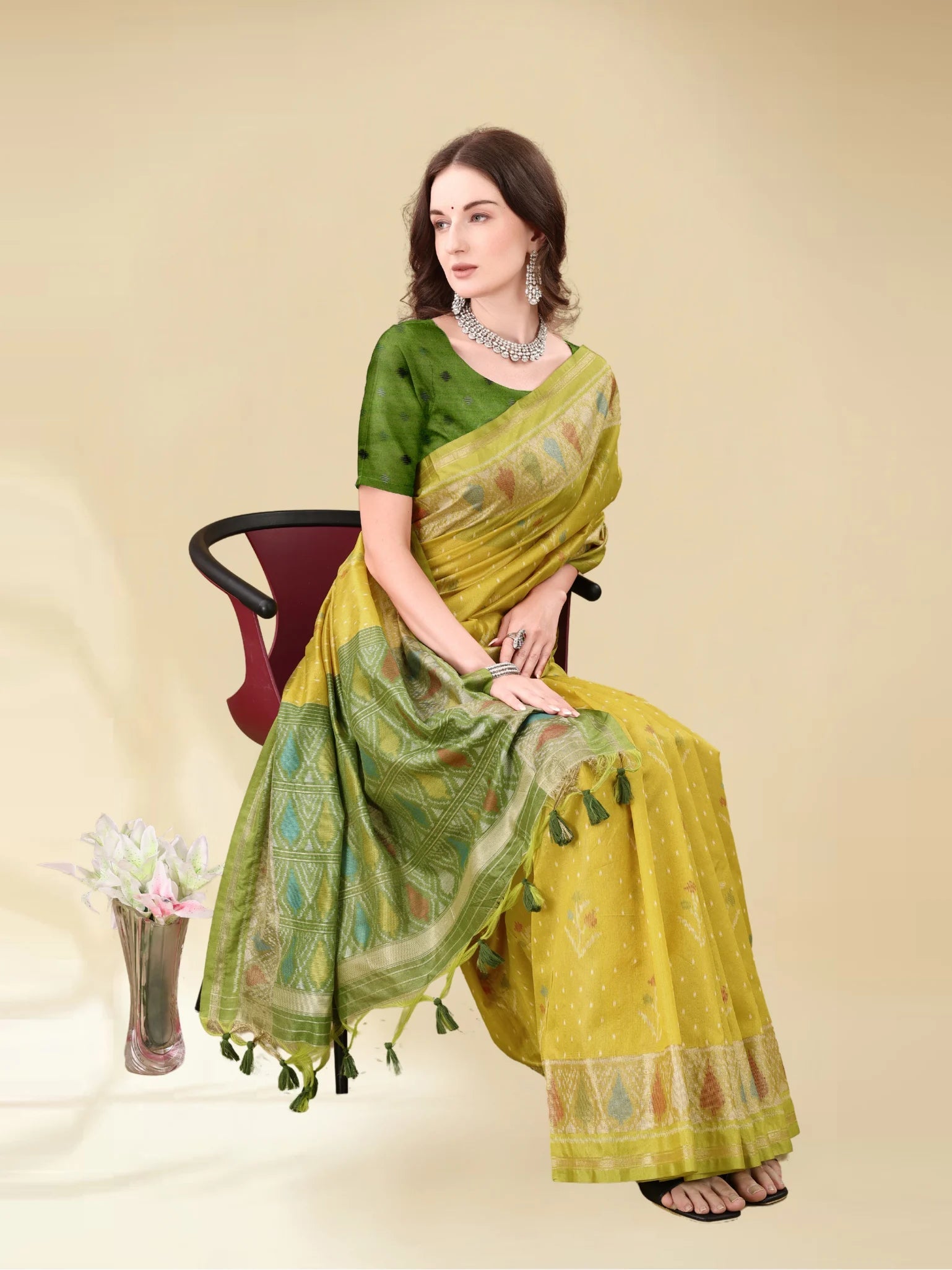 MUSTARD YELLOW HANDWOVEN LEAF ART SILK SAREE