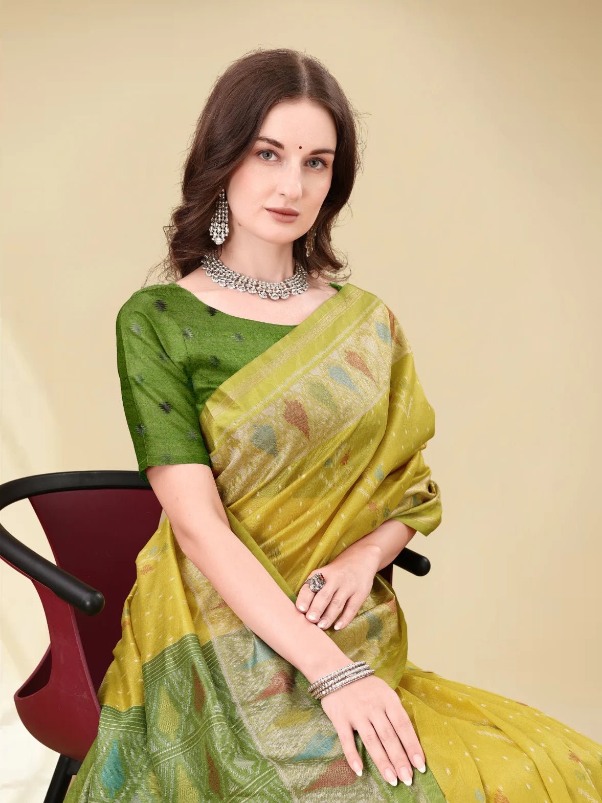 MUSTARD YELLOW HANDWOVEN LEAF ART SILK SAREE