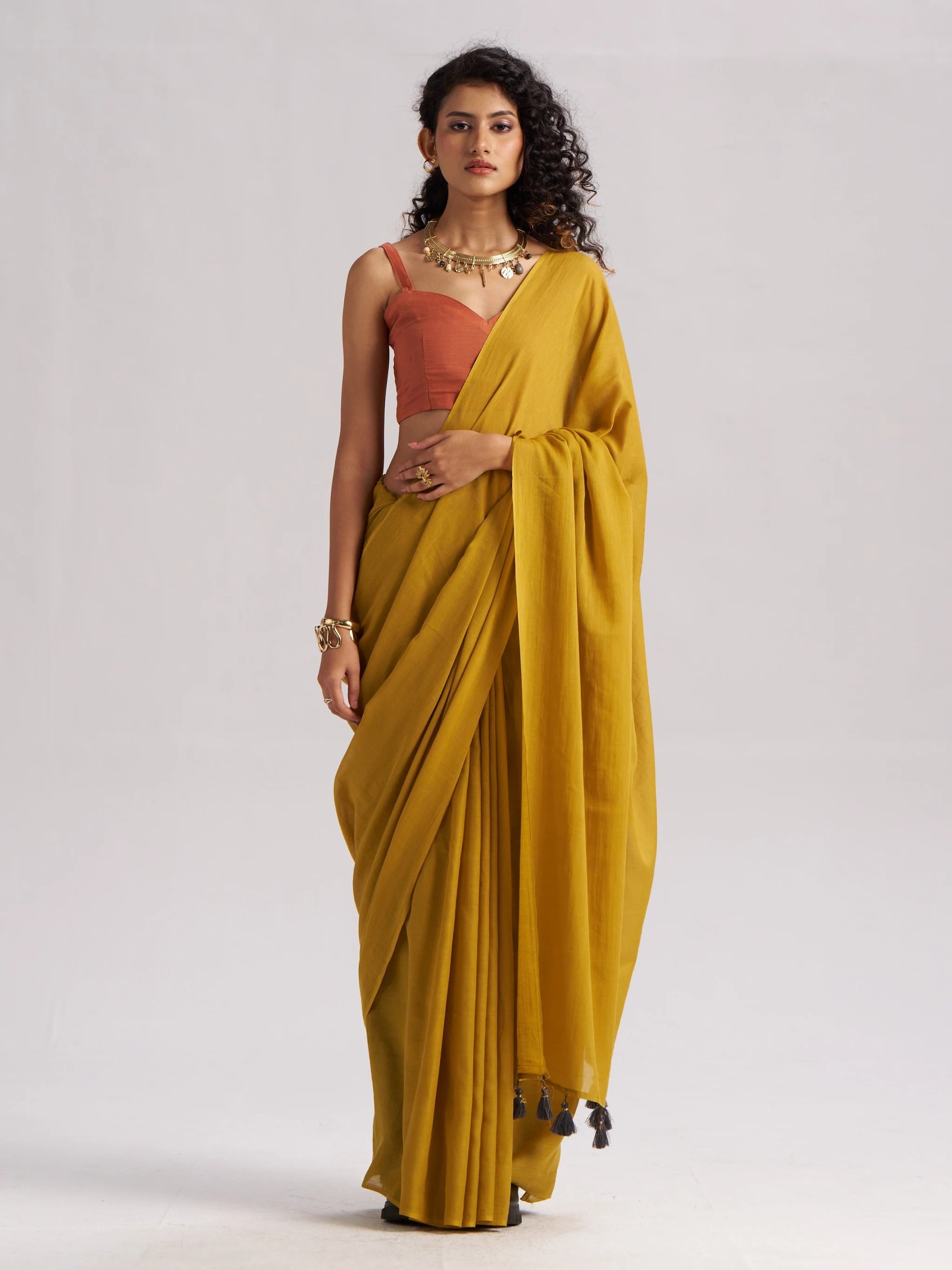 MUSTARD YELLOW VISCOSE MUL LIVA SOLID SAREE