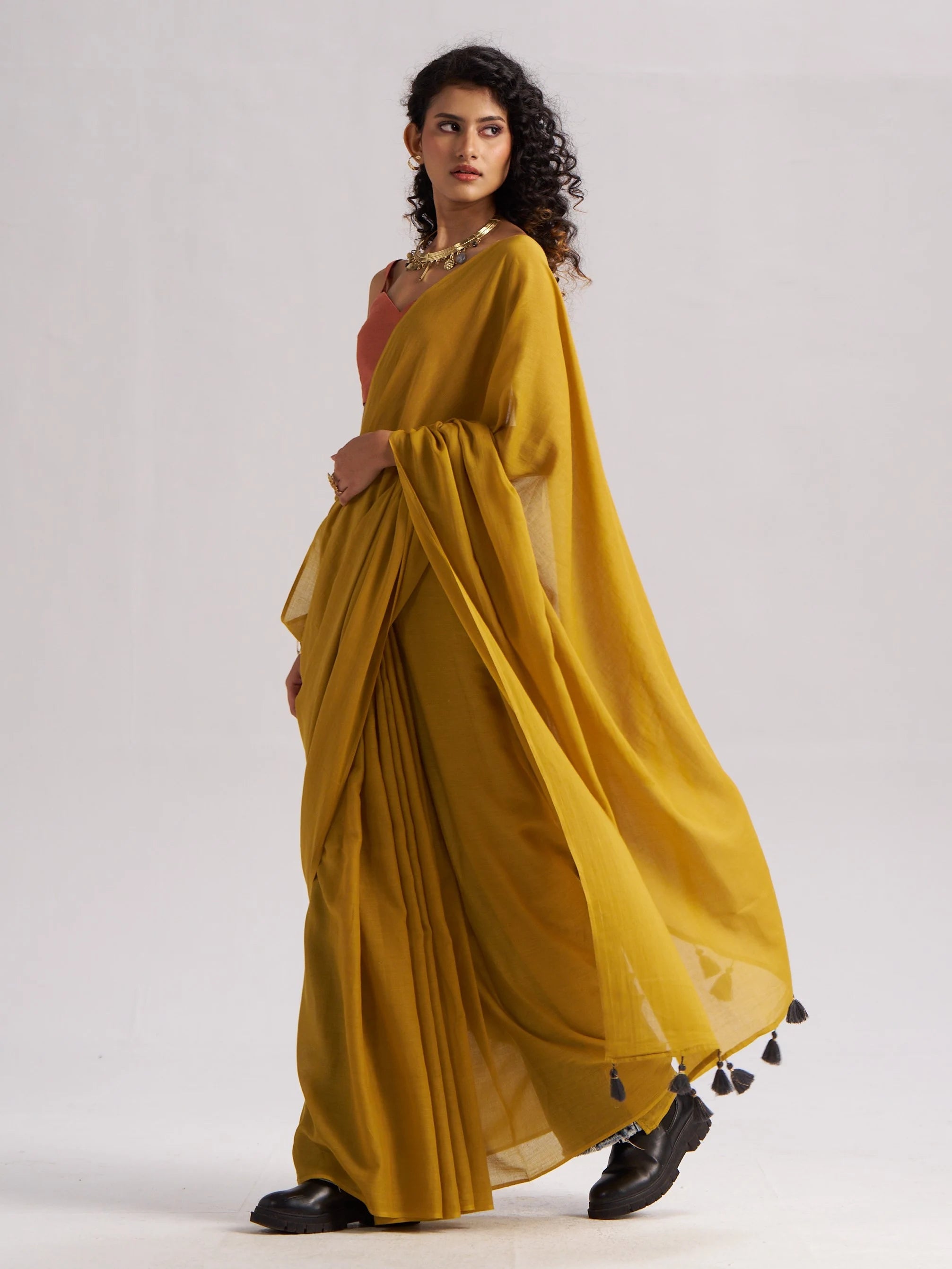 MUSTARD YELLOW VISCOSE MUL LIVA SOLID SAREE