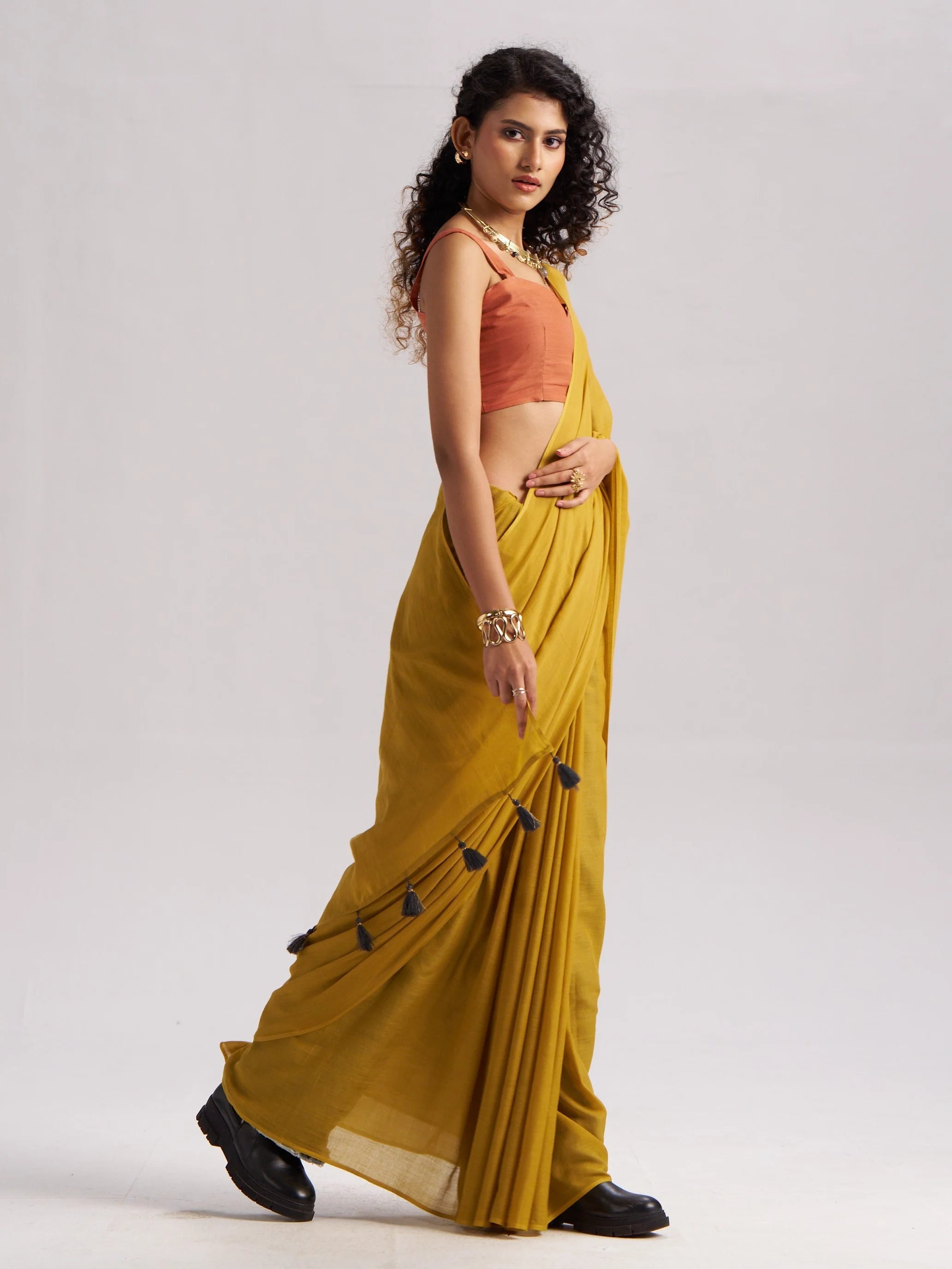 MUSTARD YELLOW VISCOSE MUL LIVA SOLID SAREE