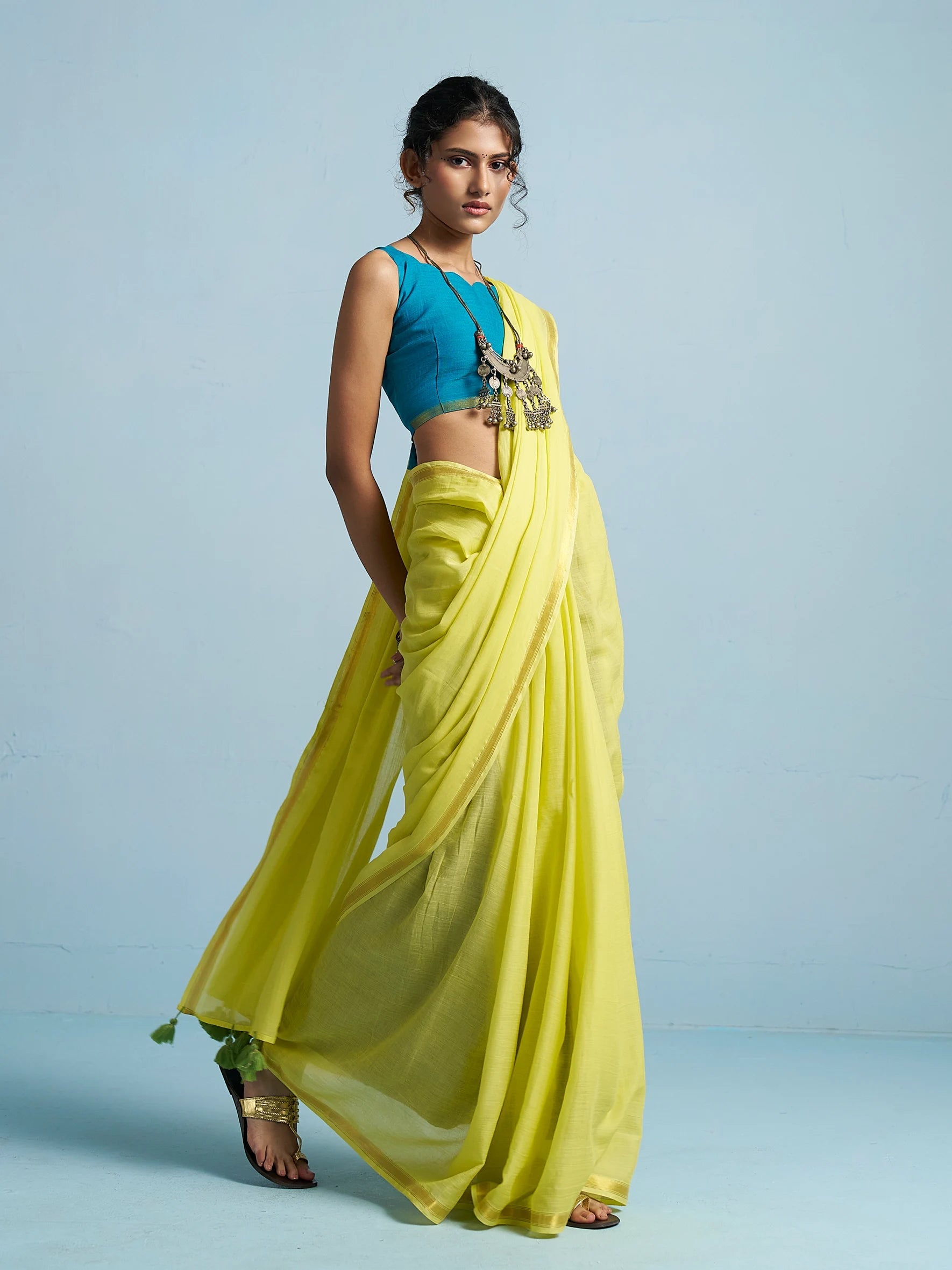 NEON YELLOW VISCOSE MUL LIVA SOLID SAREE