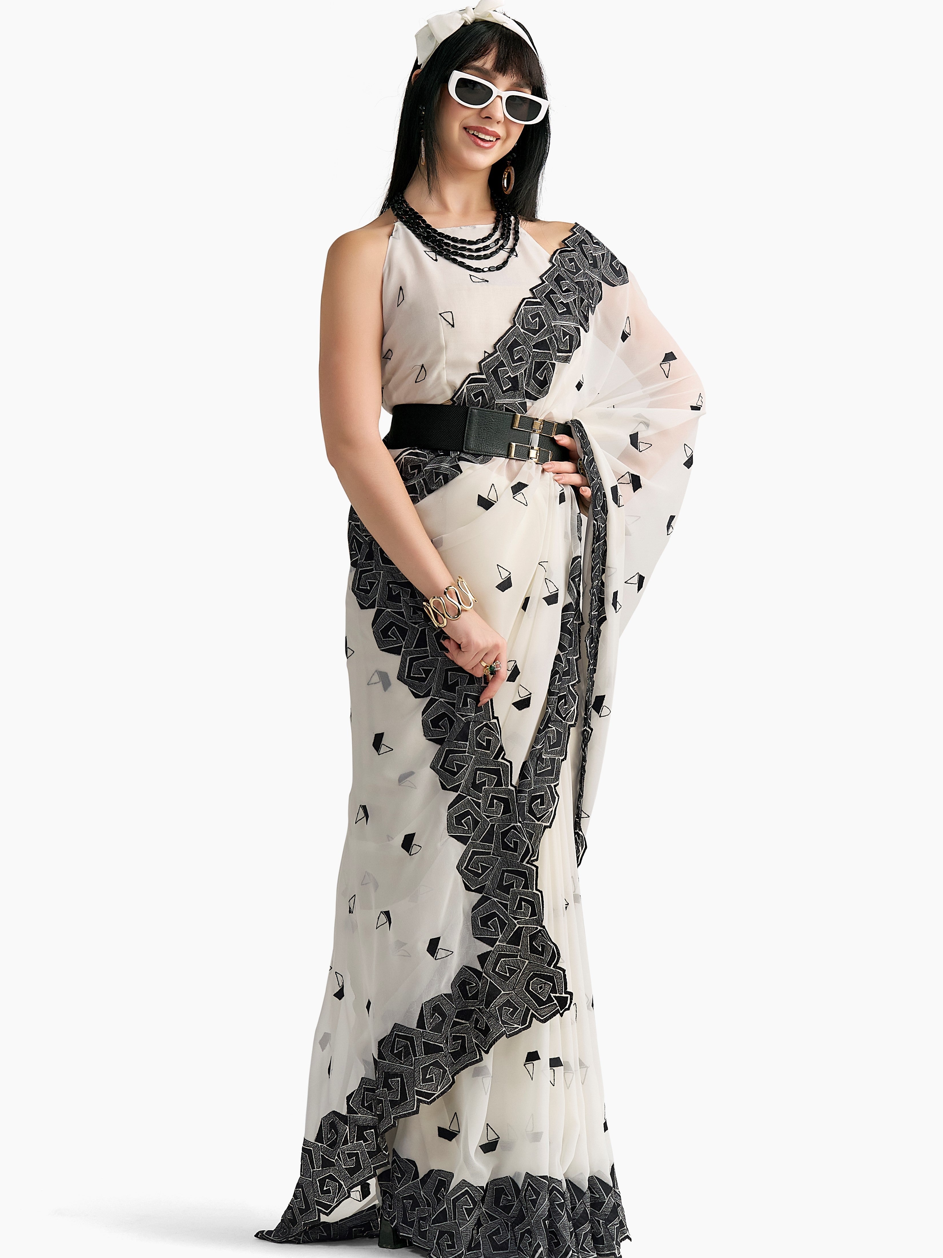 OFF WHITE GEORGETTE BOAT PRINTED EMBROIDERY SAREE