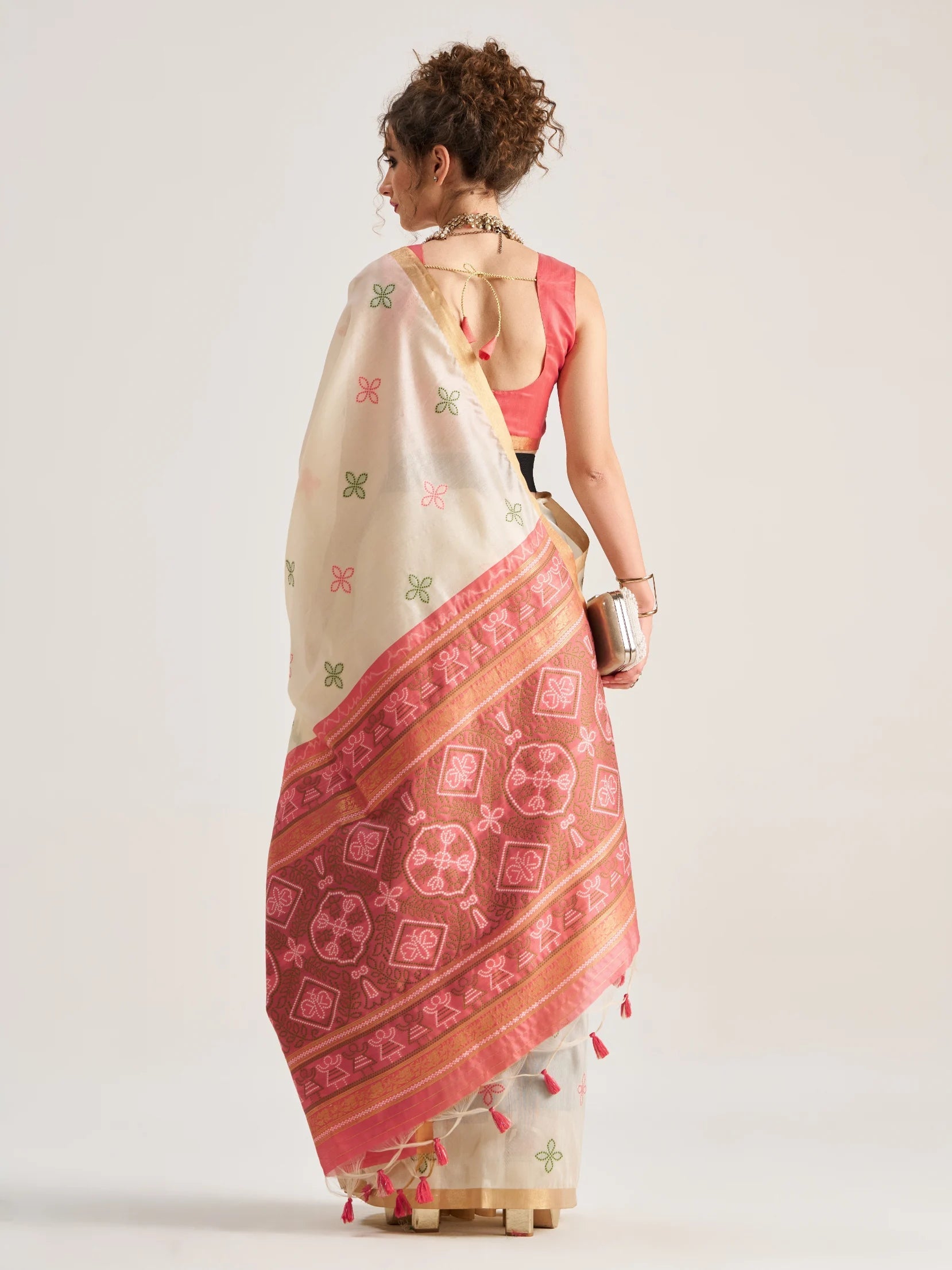 OFF WHITE HANDWOVEN BANDHEJ ART SILK SAREE