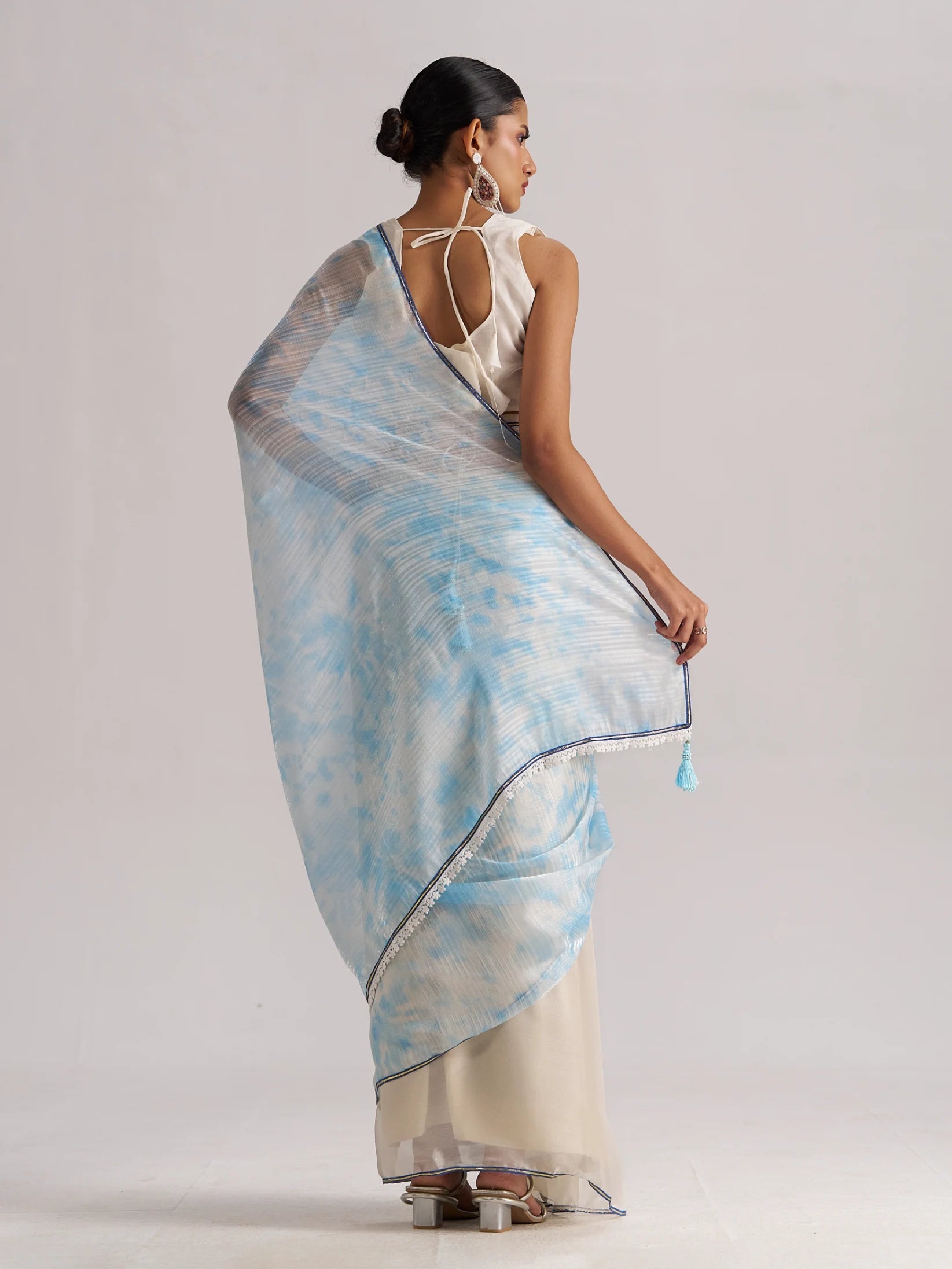 OFF WHITE & SKY SOFT ORGANZA READY TO WEAR SAREE