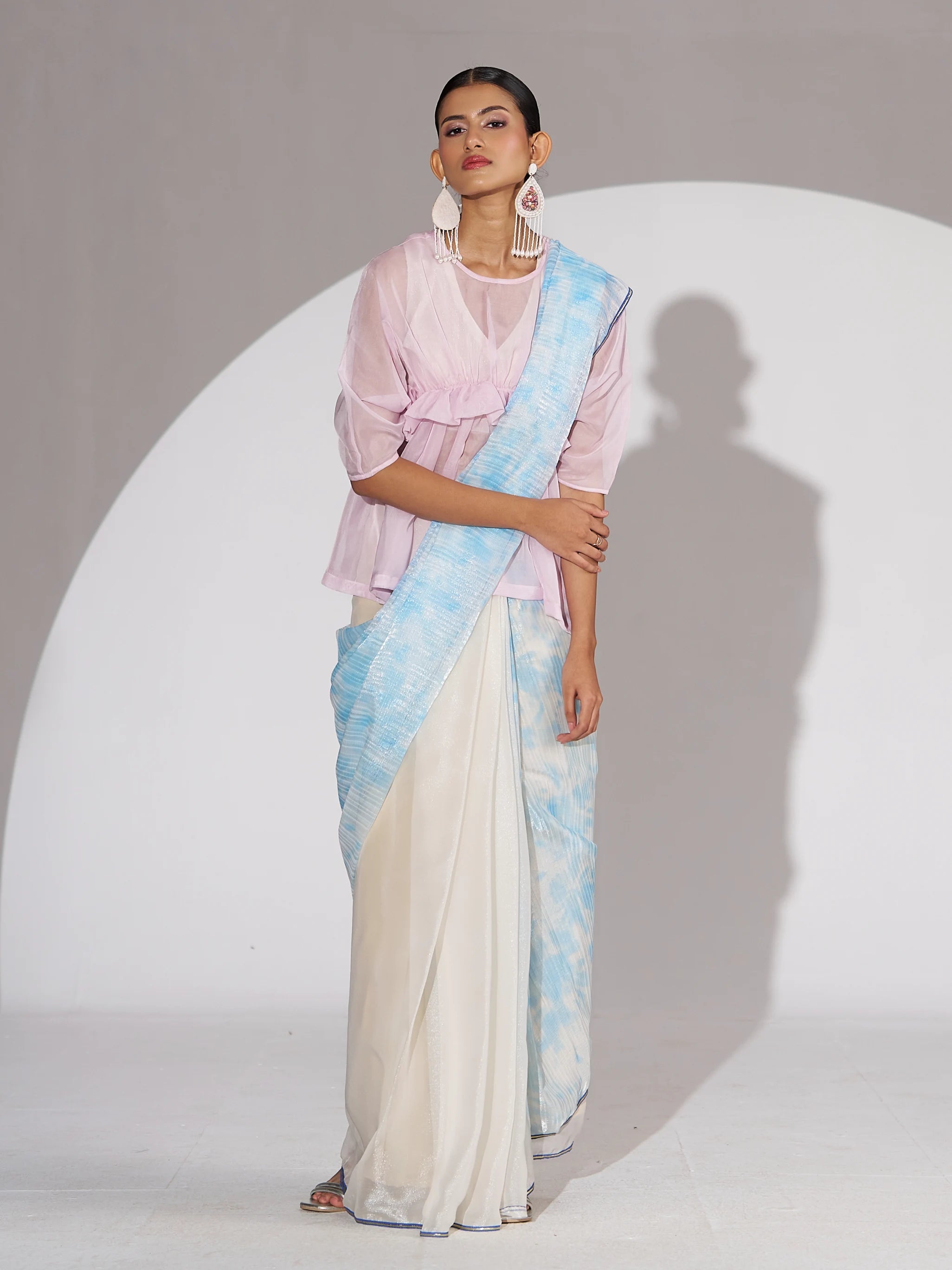 OFF WHITE & SKY SOFT ORGANZA READY TO WEAR SAREE