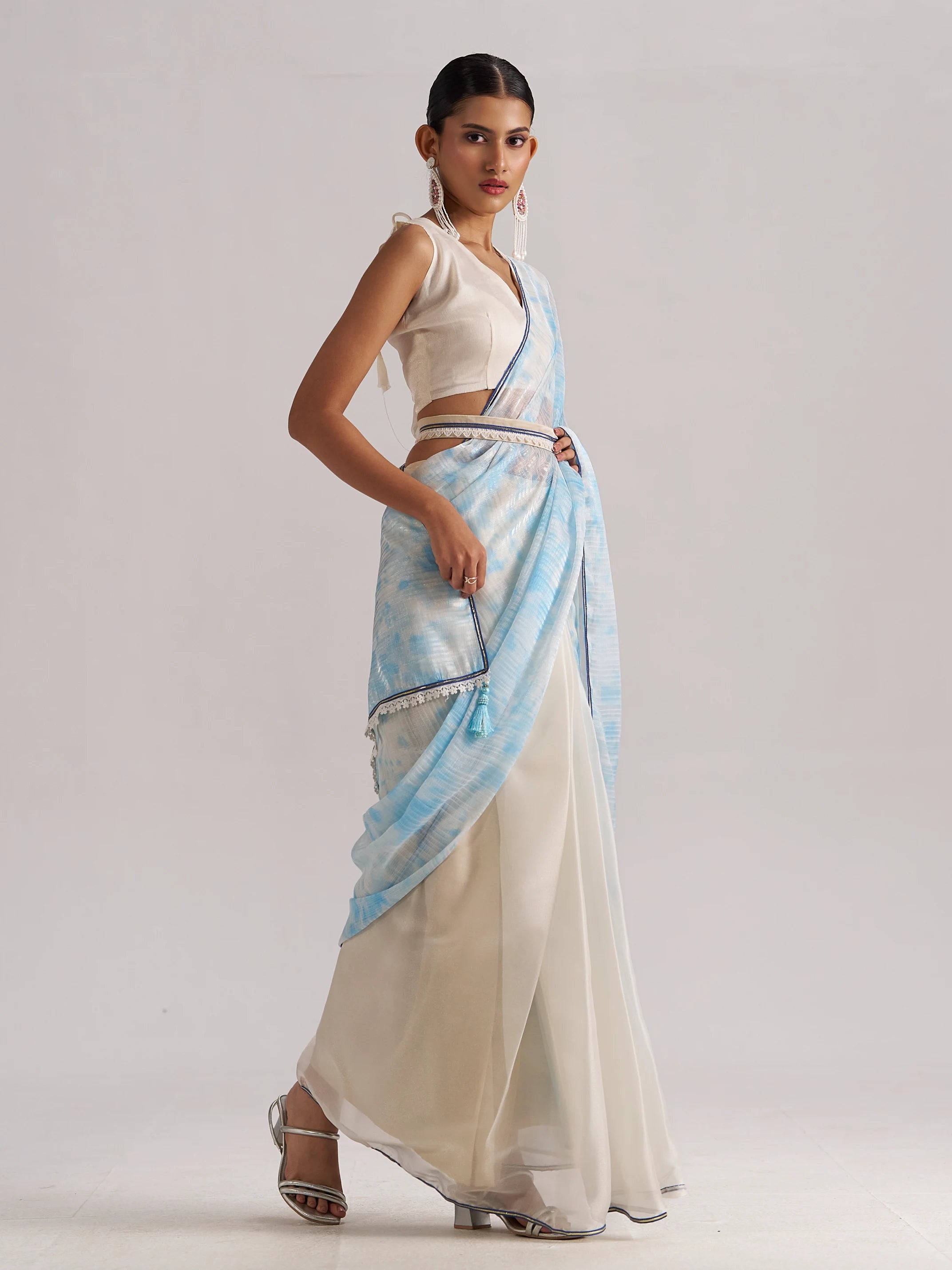 OFF WHITE & SKY SOFT ORGANZA READY TO WEAR SAREE