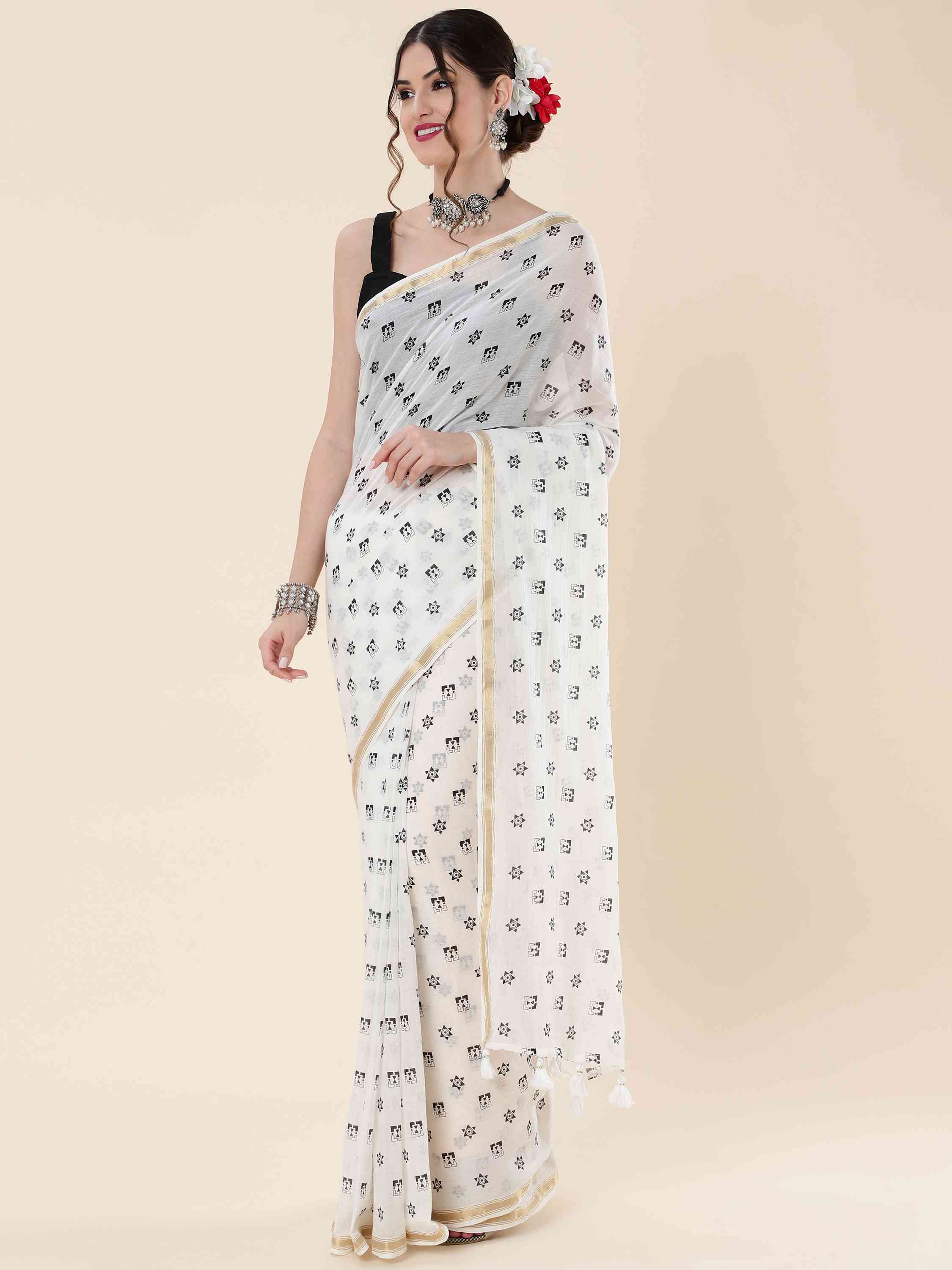 OFF-WHITE VISCOSE MUL LIVA POLKA DOTS SAREE