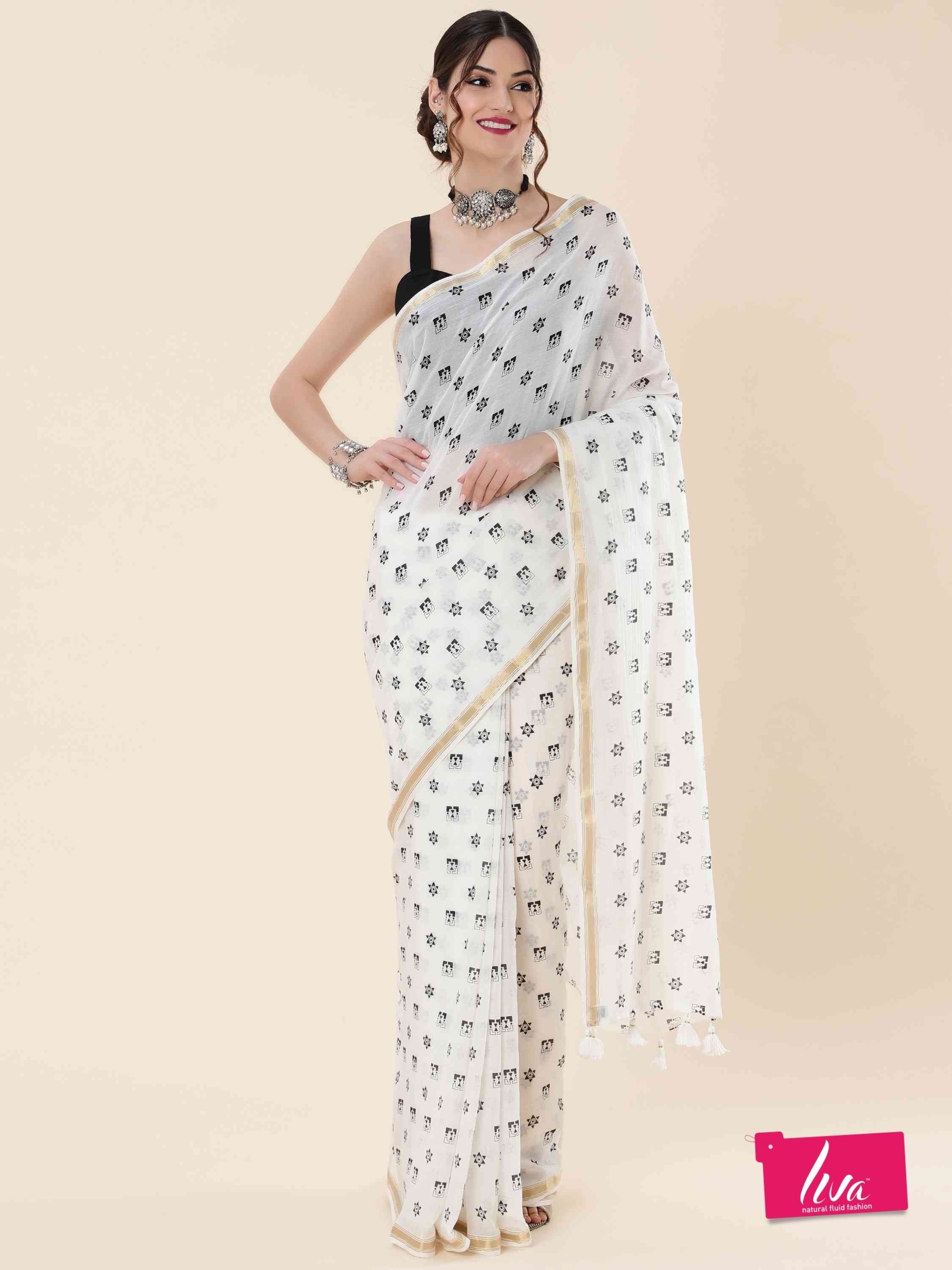 OFF-WHITE VISCOSE MUL LIVA POLKA DOTS SAREE