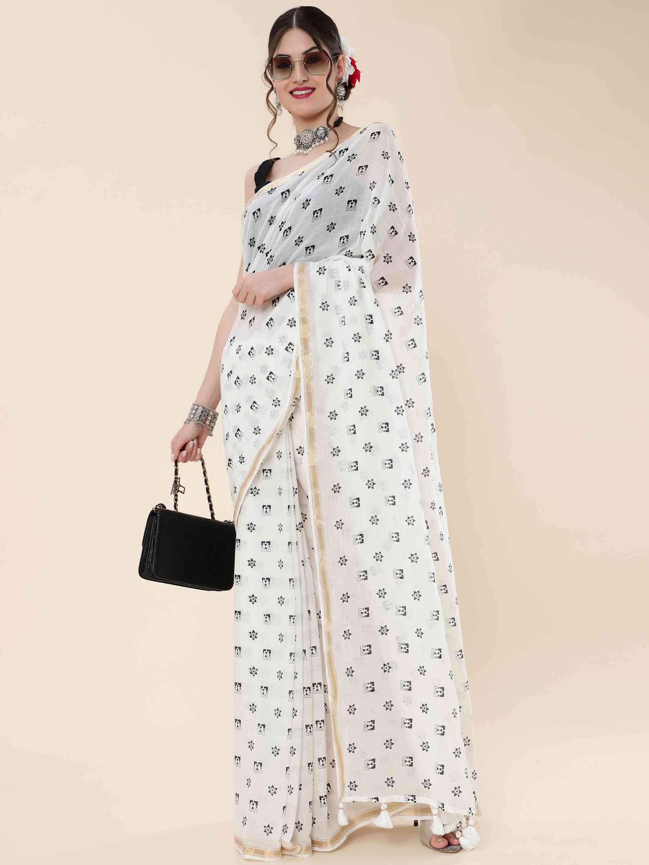 OFF-WHITE VISCOSE MUL LIVA POLKA DOTS SAREE