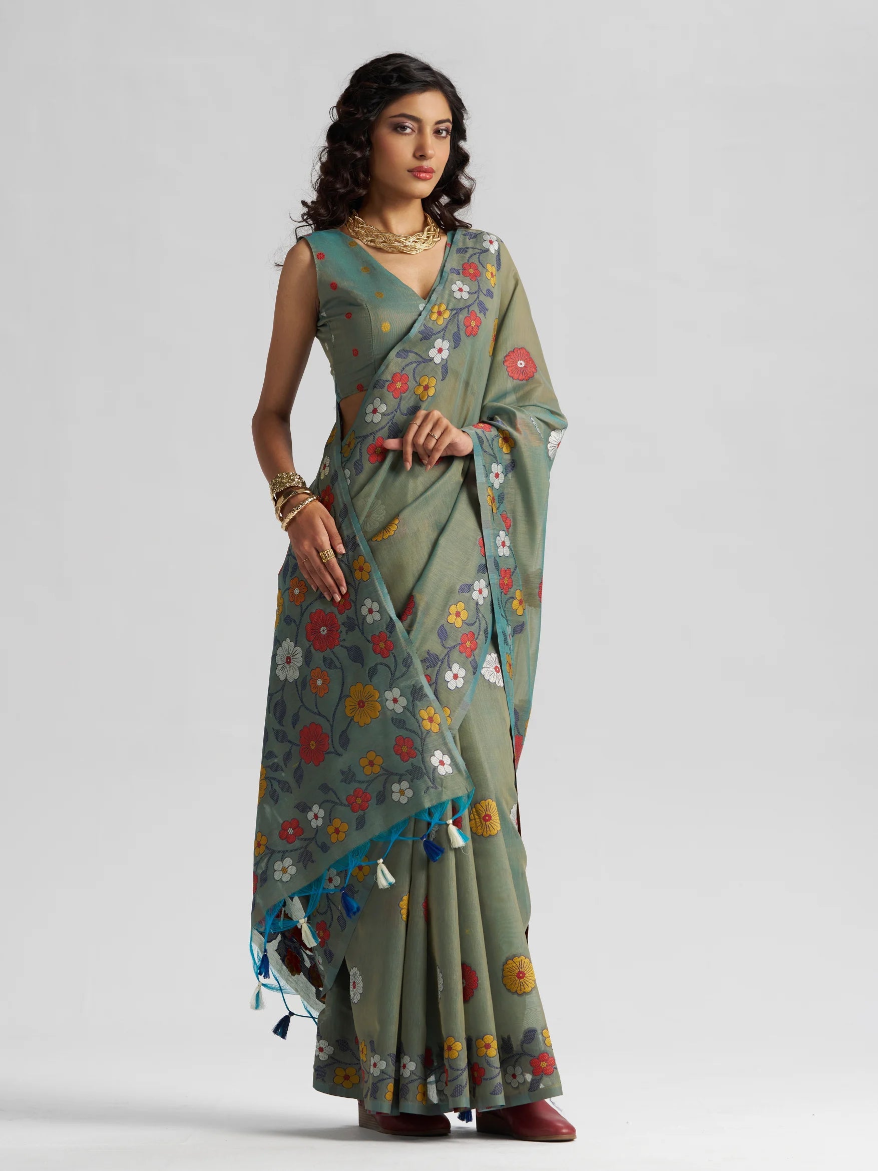 OLIVE GREEN COTTON SILK GARDENIA SAREE