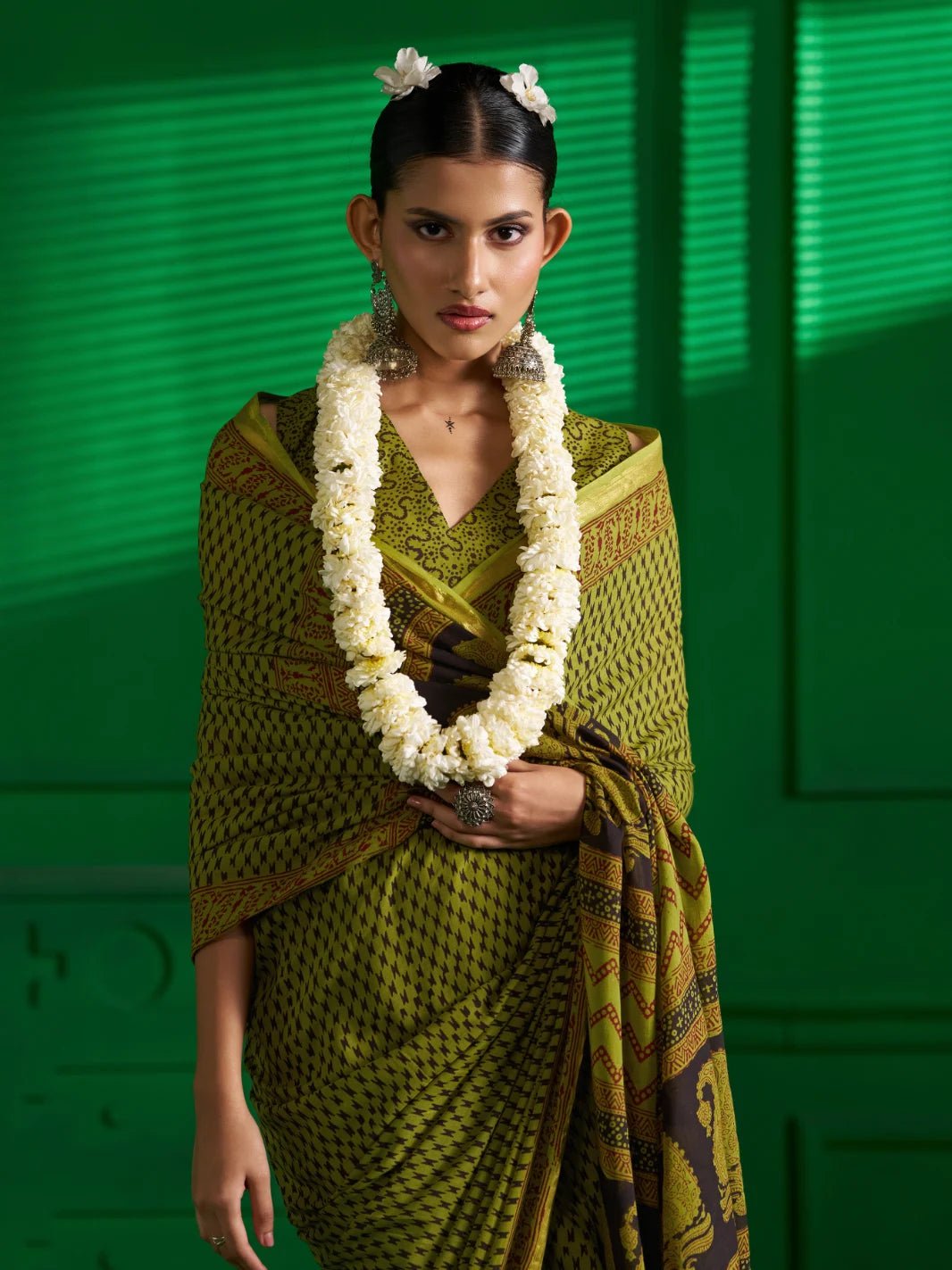 OLIVE GREEN VISCOSE MUL BAGH PRINT SAREE